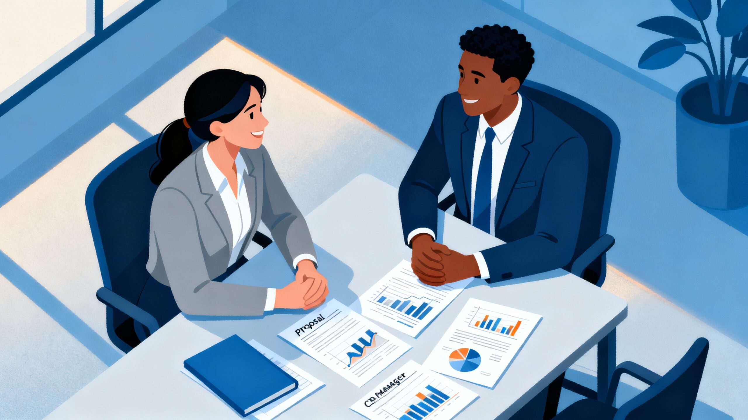 Flat illustration of an NGO fundraiser and a CSR manager sitting across a table, reviewing proposal documents and charts during a short follow-up meeting