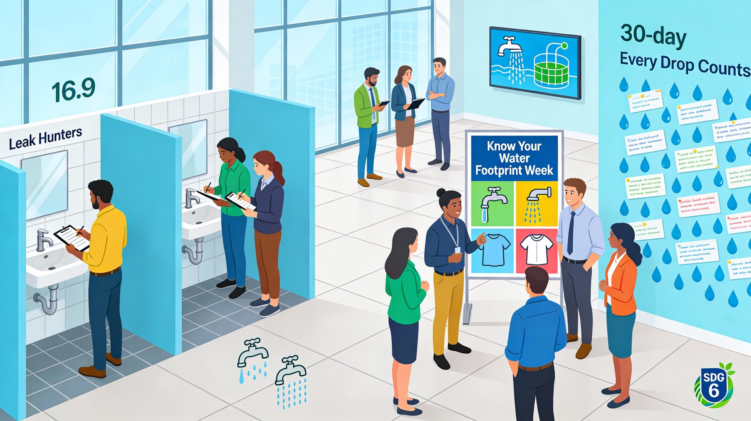 Diverse Indian employees in business-casual attire take part in water conservation activities inside a modern office, with one small team using clipboards to check taps in a washroom area as “Leak Hunters,” another group gathered around a “Know Your Water Footprint Week” poster showing icons for taps, showers and clothes, and a colourful “Every Drop Counts” pledge wall filled with droplet-shaped notes of personal water-saving commitments, alongside visuals of low-flow tap symbols, a rainwater harvesting diagram on a screen and a small SDG 6 clean water icon.