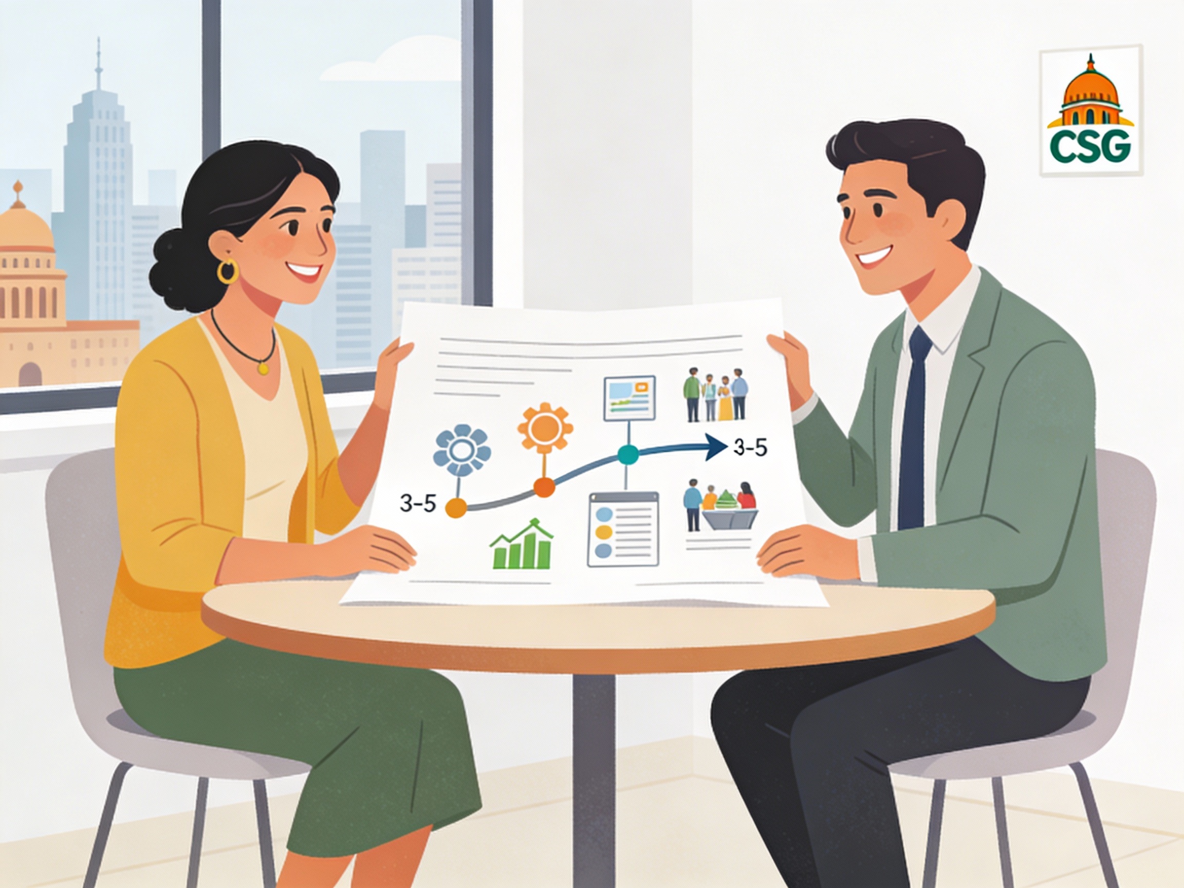 An NGO representative and a corporate CSR manager sit together at a round table reviewing a colourful multi-year partnership roadmap with icons for field visits, reports, joint events, and impact, in a modern office with an Indian city skyline visible through the window and a CSR-themed icon on the wall