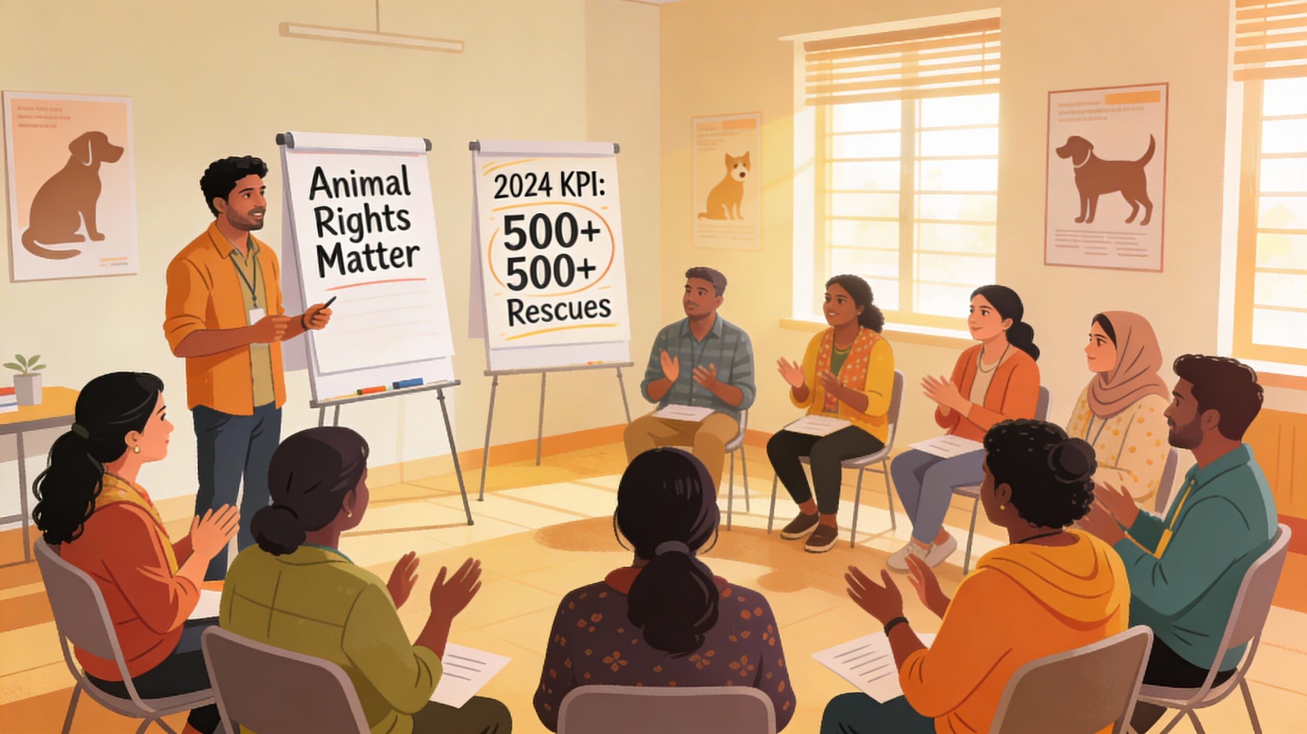 A diverse group of NGO staff and animal welfare activists participate in an indoor training workshop in New Delhi, with people roleplaying fundraising conversations, standing near flipcharts showing animal rights slogans and simple KPI dashboards, and posters with dog and cat silhouettes on the walls, in a bright, collaborative room