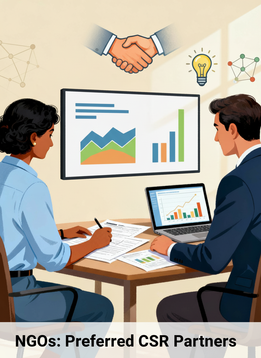 Illustration of an NGO leader and a corporate CSR head sitting across a table, collaboratively planning a project with documents, a laptop showing charts, and icons of partnership, innovation, and networks in the background