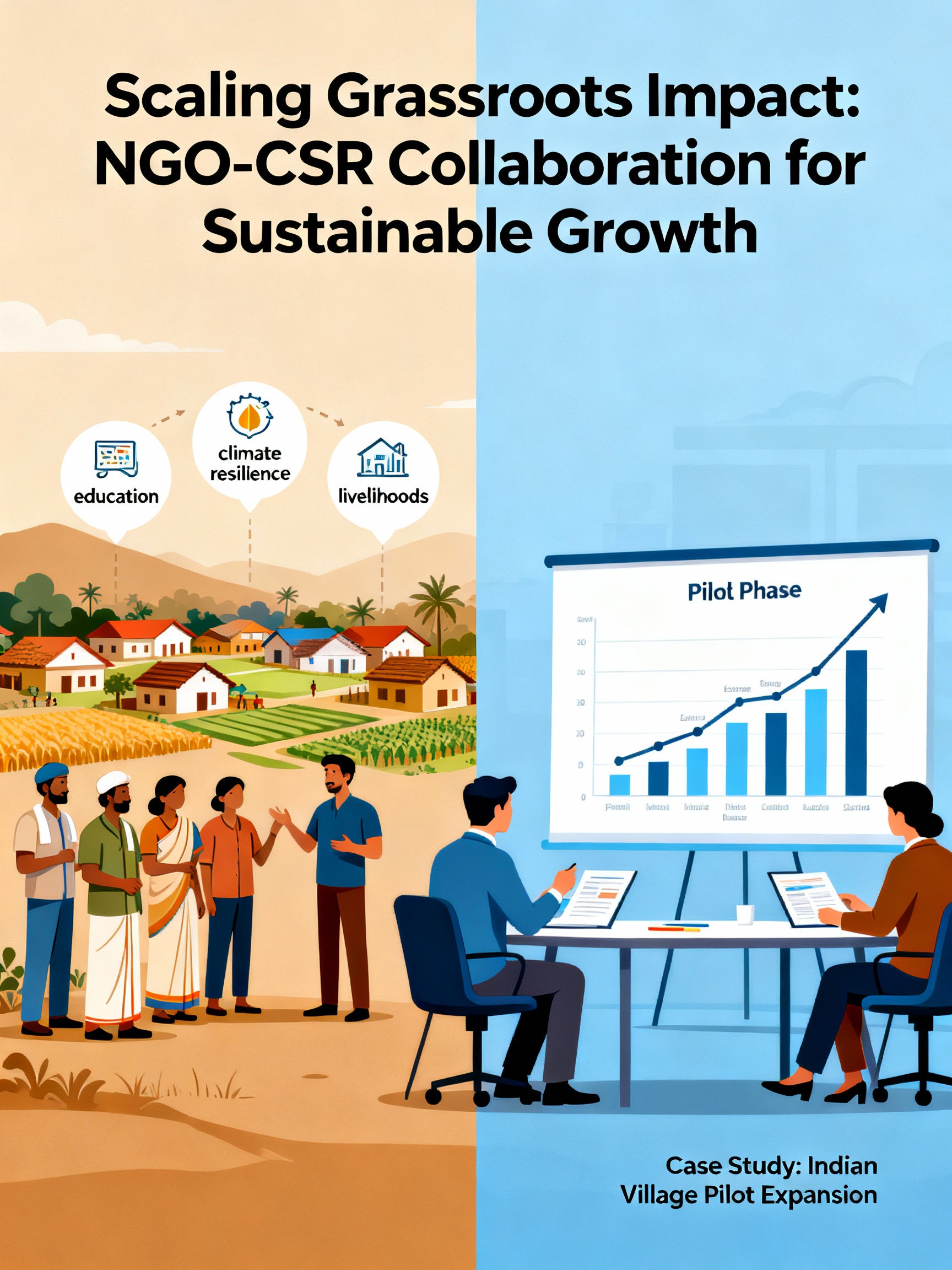 Grassroots NGO staff in an Indian village present a scalable development program to corporate CSR representatives, showing a pilot project expanding into multiple villages, schools, and farms on a growth chart.