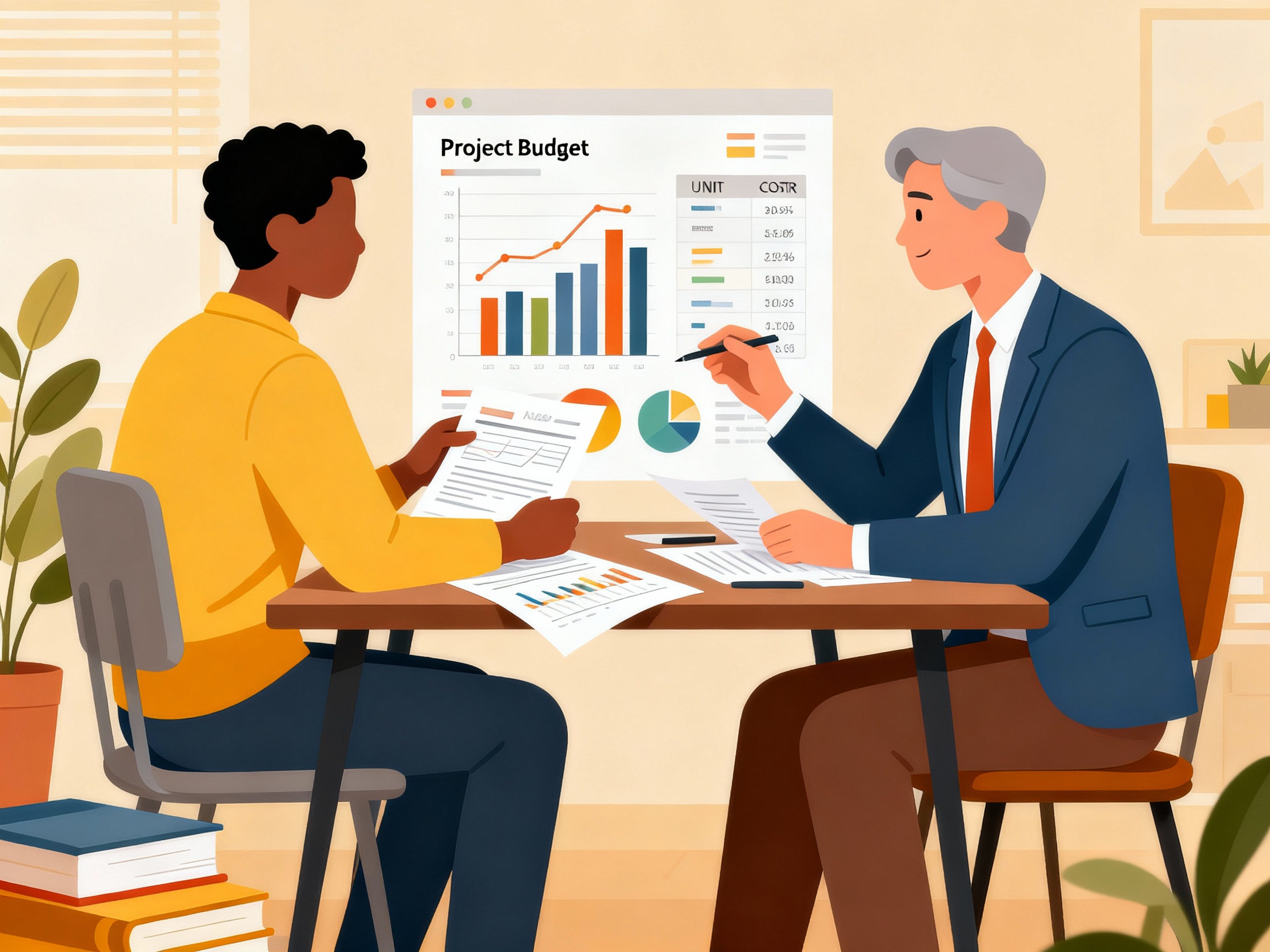 Illustration of an NGO finance manager and a CSR representative sitting at a table, reviewing project budgets with charts and documents to ensure transparent, CSR-aligned funding.