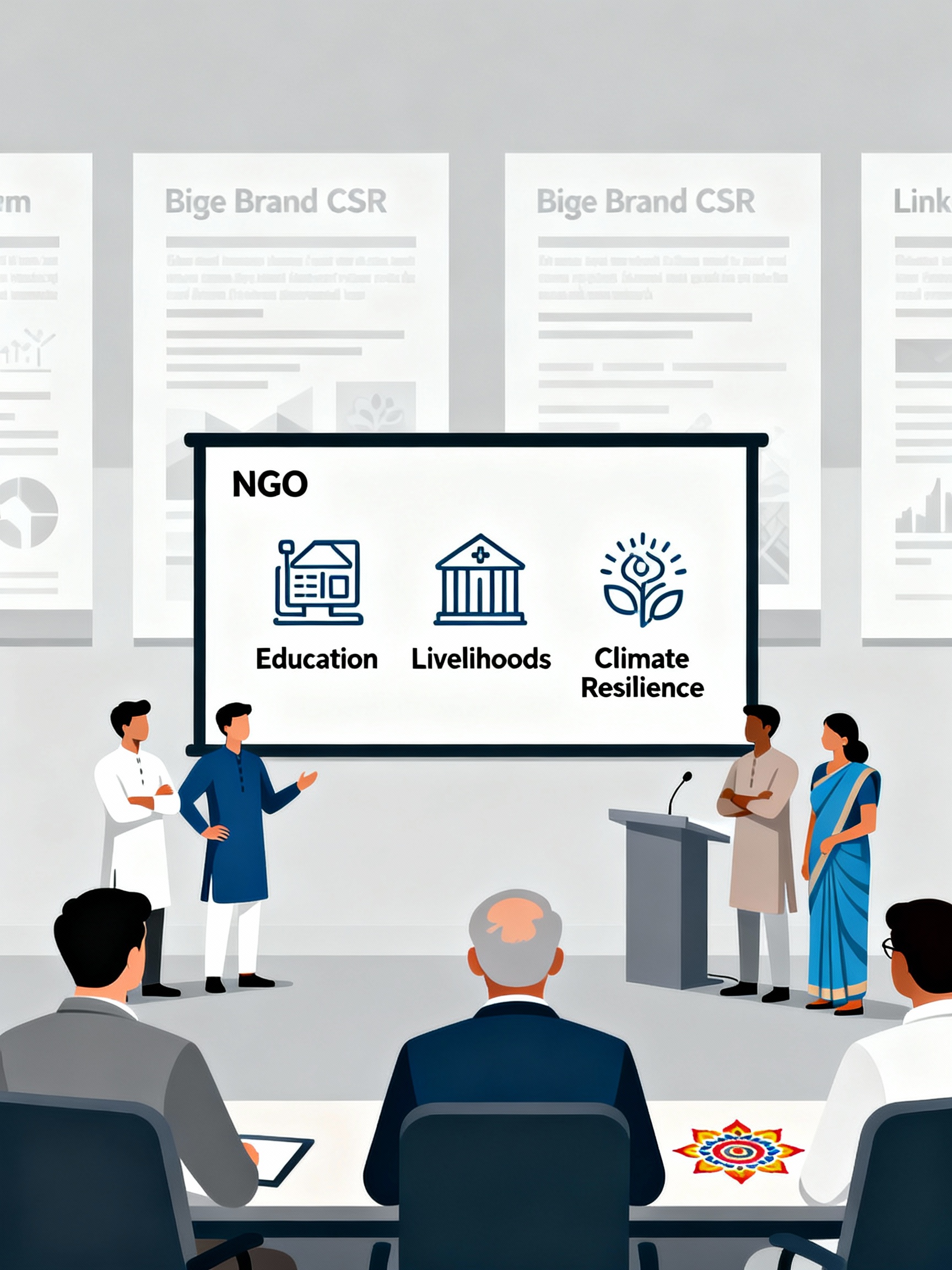 Illustration of a small NGO team confidently presenting a focused CSR project to corporate leaders in a modern Indian boardroom, with big-brand CSR posters in the background and a clear niche highlighted on a presentation screen