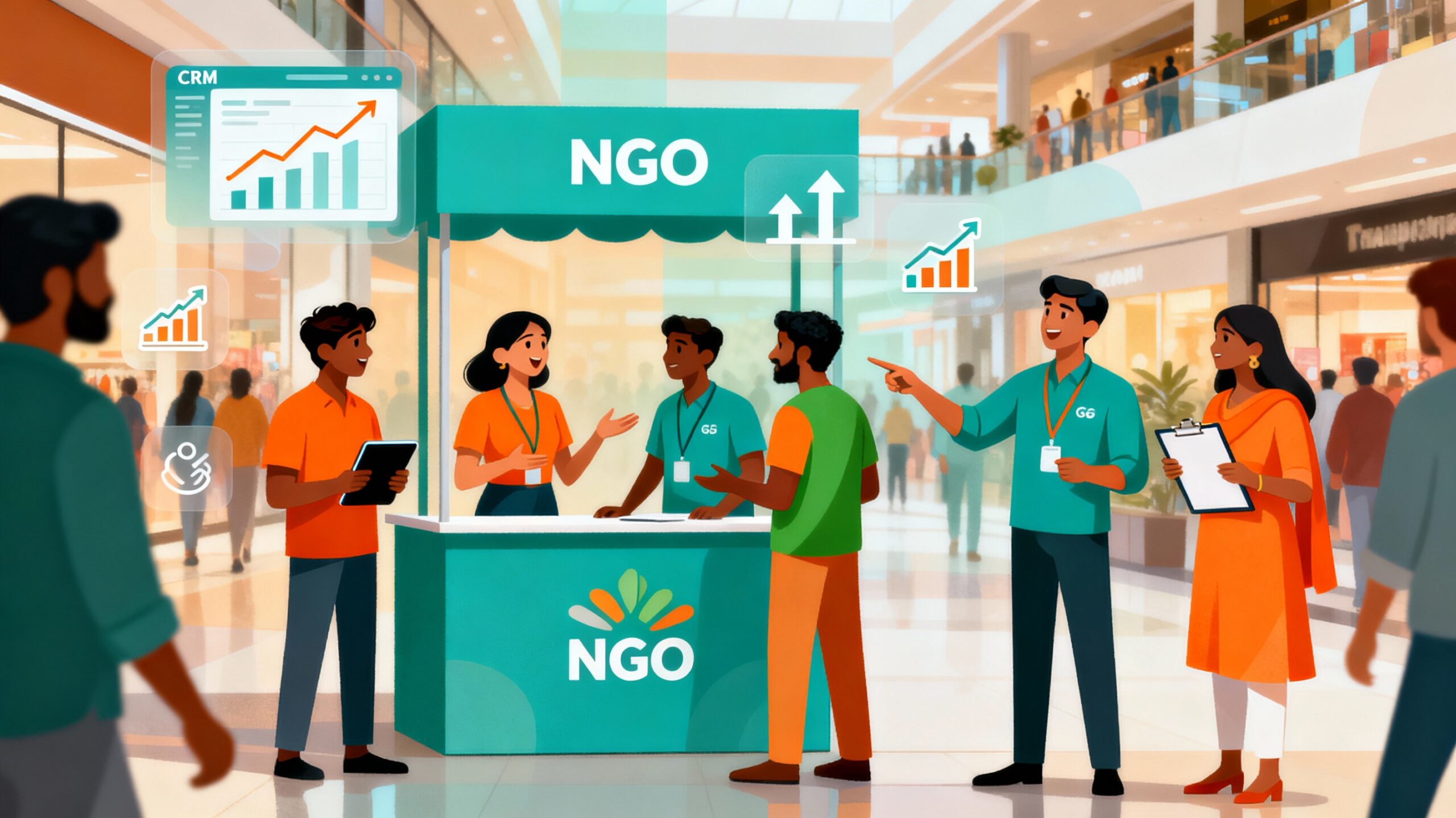 Illustration of Indian NGO fundraisers running a retail fundraising kiosk in a busy mall, engaging donors while a team leader coaches a fundraiser, with subtle icons of data and training in the background to represent systems and growth