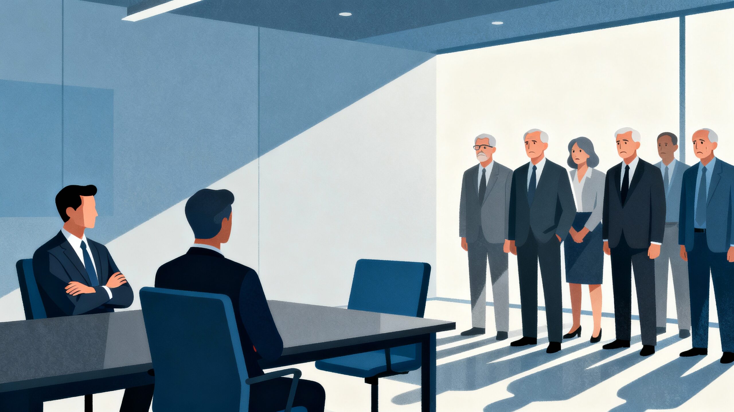 Senior leadership team standing in a modern boardroom, observing visible tension between a seated CEO and board members, with light highlighting the managers to suggest responsibility and hope. 