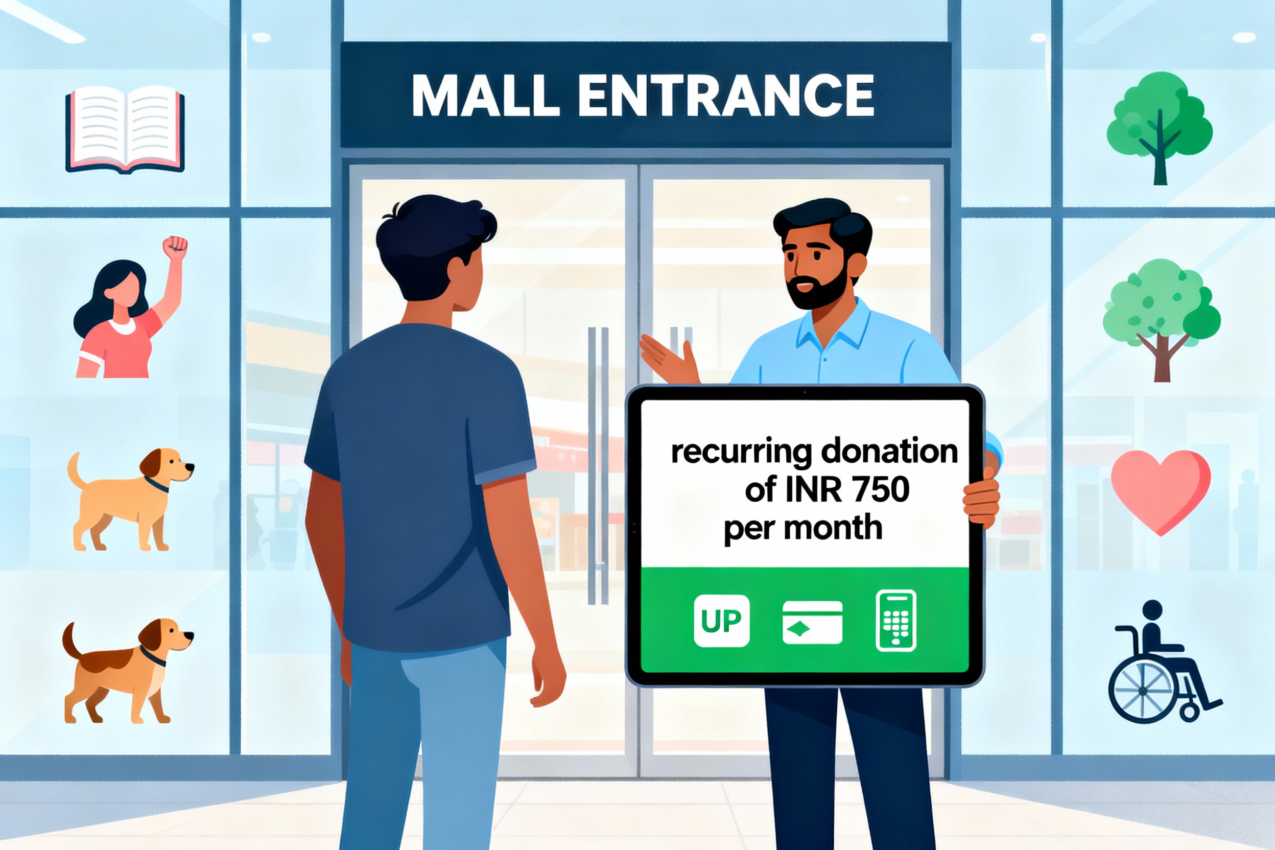 Illustration of an Indian NGO fundraiser at a mall entrance helping a donor set up a ₹750 monthly donation using UPI and other digital payment options, with icons representing child education, women’s empowerment, climate, animal welfare, disability and health causes.