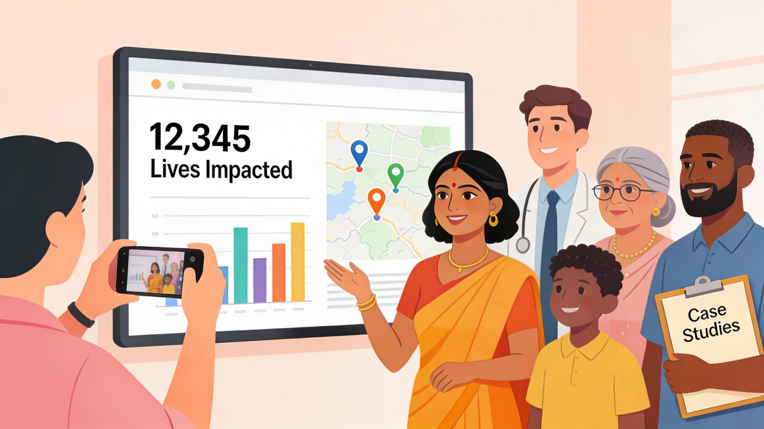 Illustration of NGO staff and community members gathered around a large screen showing impact charts and a map, while one person records a video on a smartphone and another holds a folder of case studies, symbolizing how NGOs showcase their ground impact through data and storytelling