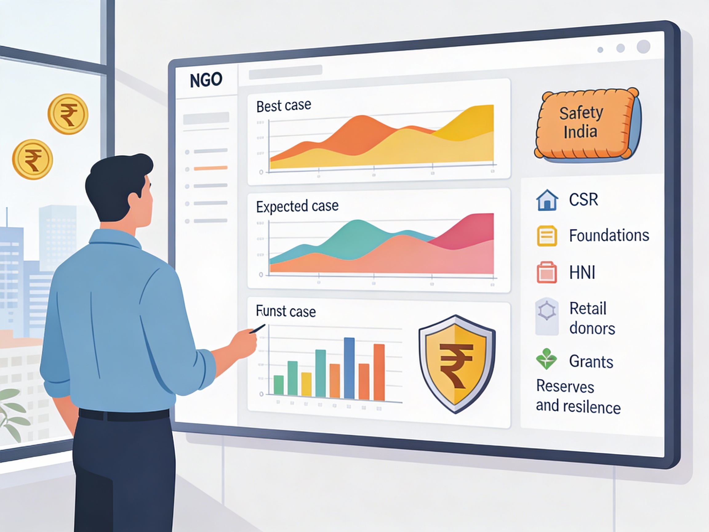 An NGO leader stands in front of a large dashboard-style board showing three colourful abstract financial scenario graphs and icons for different funding sources—CSR, foundations, HNIs, retail donors, and grants—with a shield or cushion icon symbolising financial reserves, set in a modern office with rupee symbols and an Indian cityscape visible outside the window.