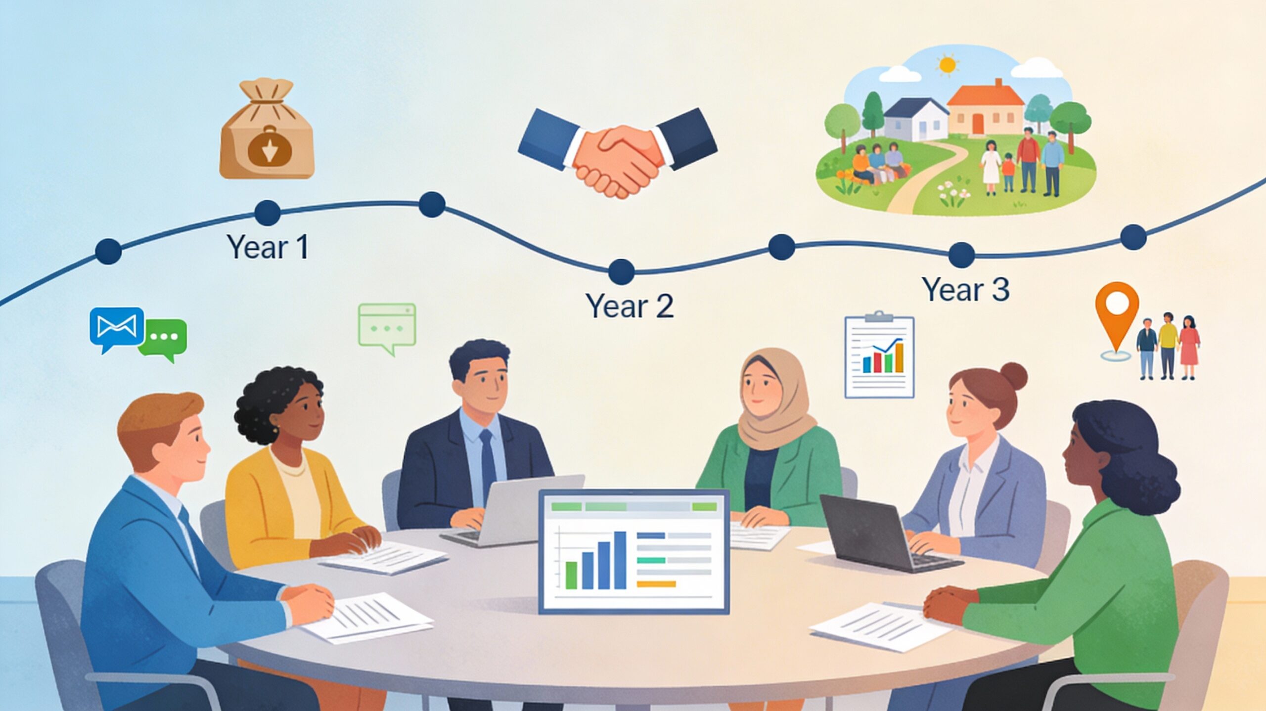 Illustration of NGO staff and corporate CSR representatives sitting around a round table, reviewing impact data and planning a multi-year partnership, with a wall graphic showing a path from a one-time donation to a long-term community impact