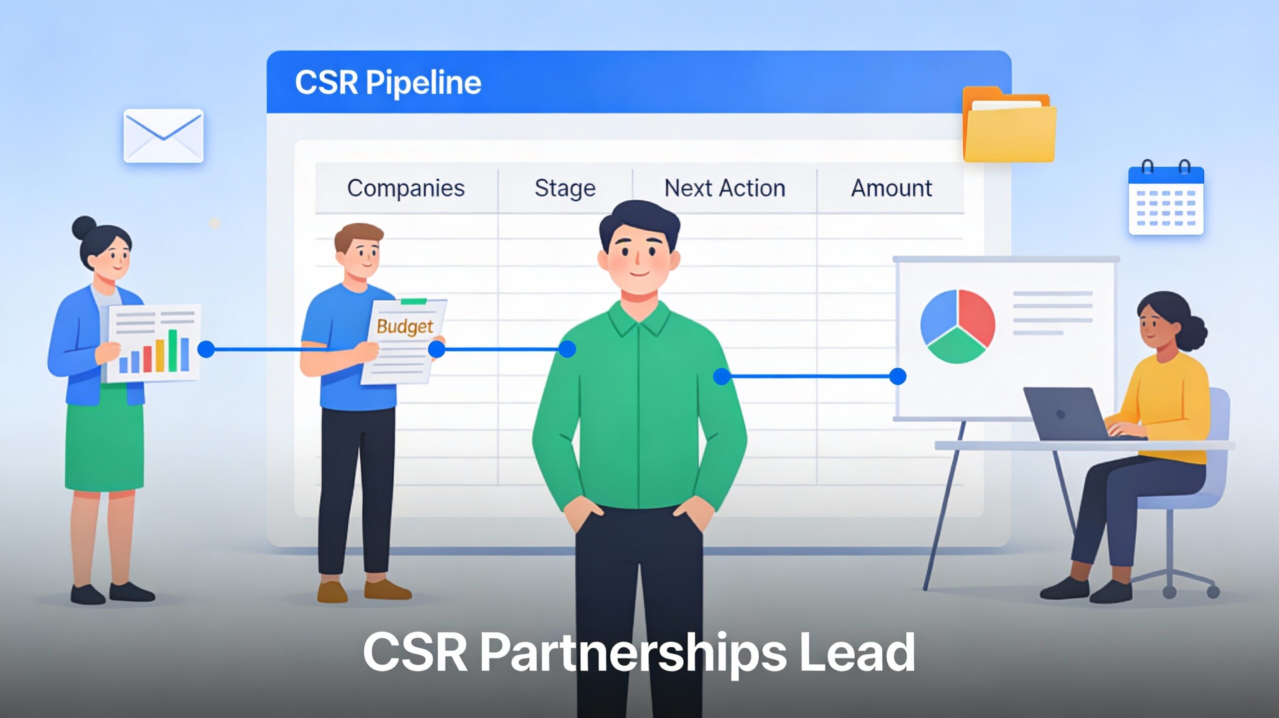Illustration of a small NGO team in a modest office, with a focal person managing a CSR fundraising pipeline on a laptop, colleagues handling programmes, finance, and communications, and a leader standing by a whiteboard showing a simple CSR fundraising plan flow. 
