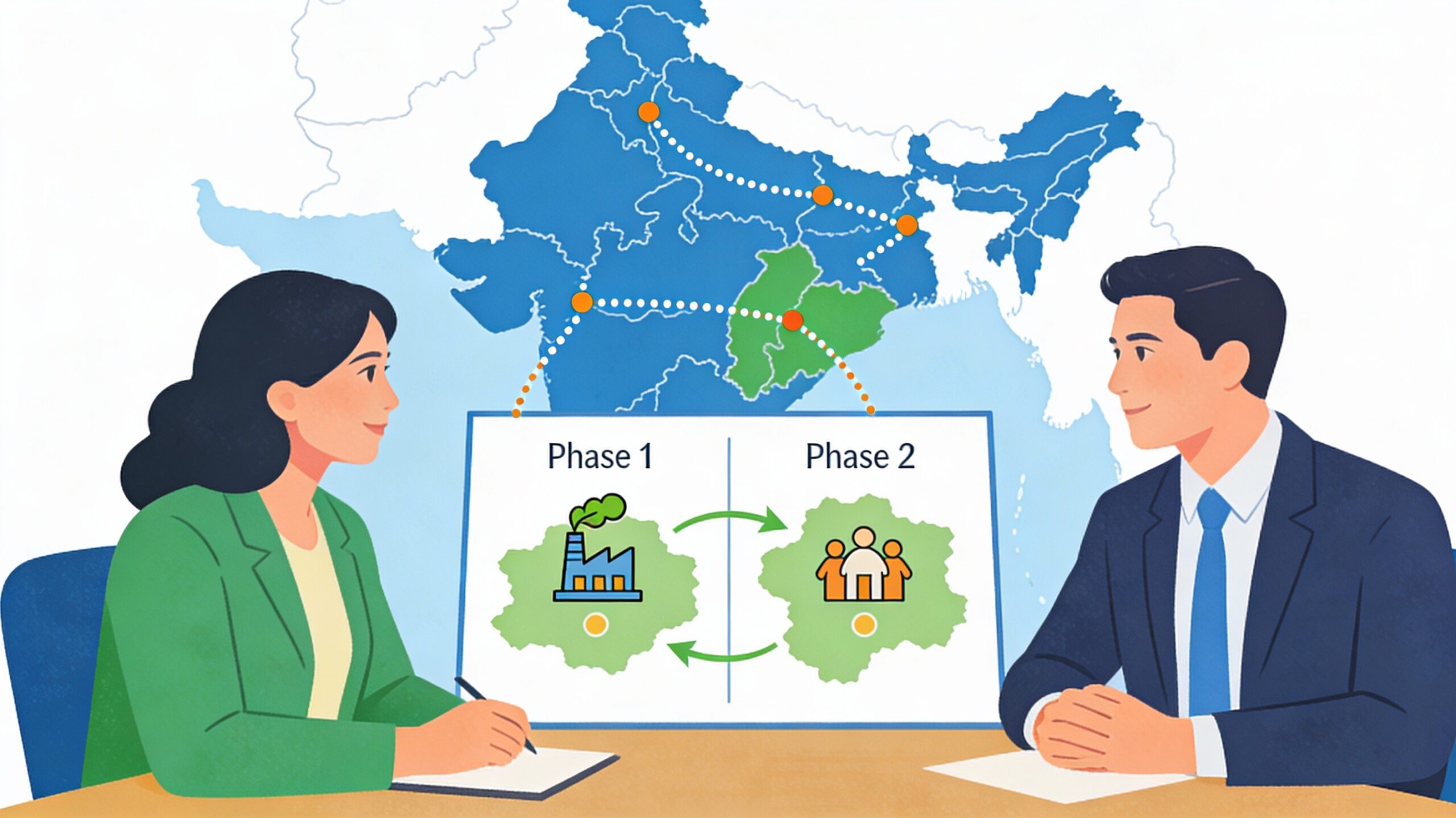 Illustration of an NGO representative and a corporate CSR representative sitting at a table reviewing a two-phase project plan, with a map of India behind them showing highlighted states connected by dotted lines to represent CSR expansion into new geographies