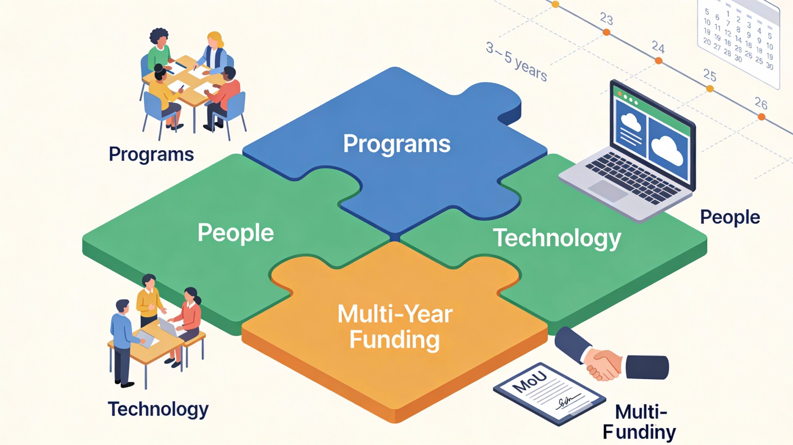 Flat illustration of a four-piece puzzle labelled “Programs”, “People”, “Technology”, and “Multi-Year Funding”, surrounded by small scenes of community work, team training, a data dashboard, and a handshake, with a faint multi-year timeline in the background