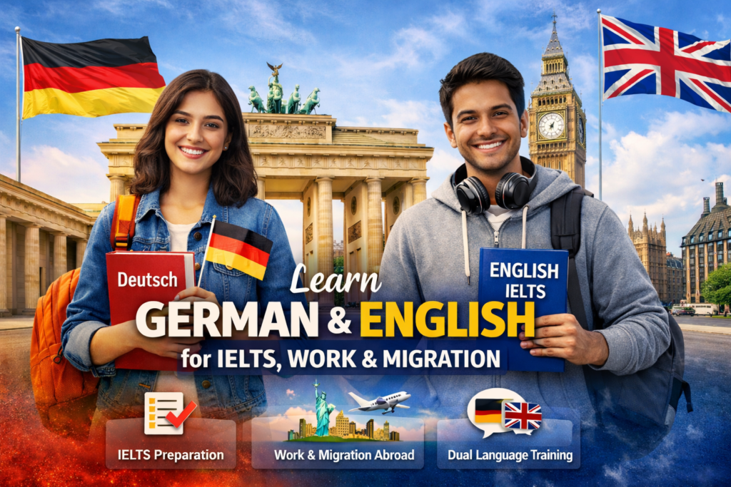 • “Indian students learning German and English for IELTS, work and migration, with Berlin and London landmarks in the background.”