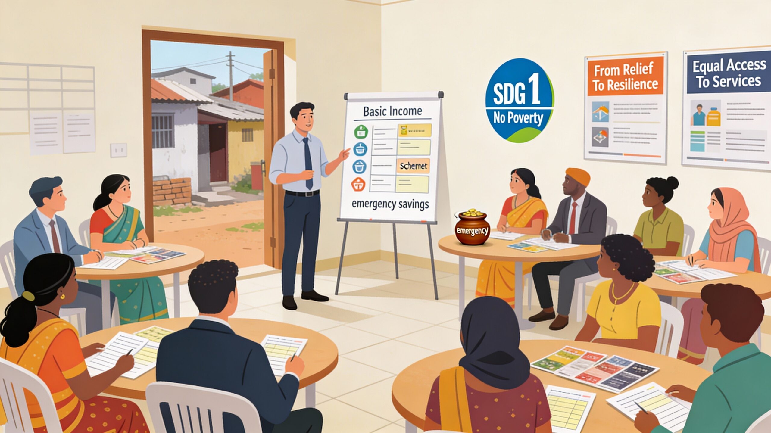 Illustration of diverse corporate employees, NGO staff, and community members in an Indian community resource centre where groups discuss livelihoods and financial planning at small tables, a facilitator explains social-protection and savings options on a flipchart, and an SDG 1 No Poverty icon with a banner saying “From Relief To Resilience” is visible on the wall.