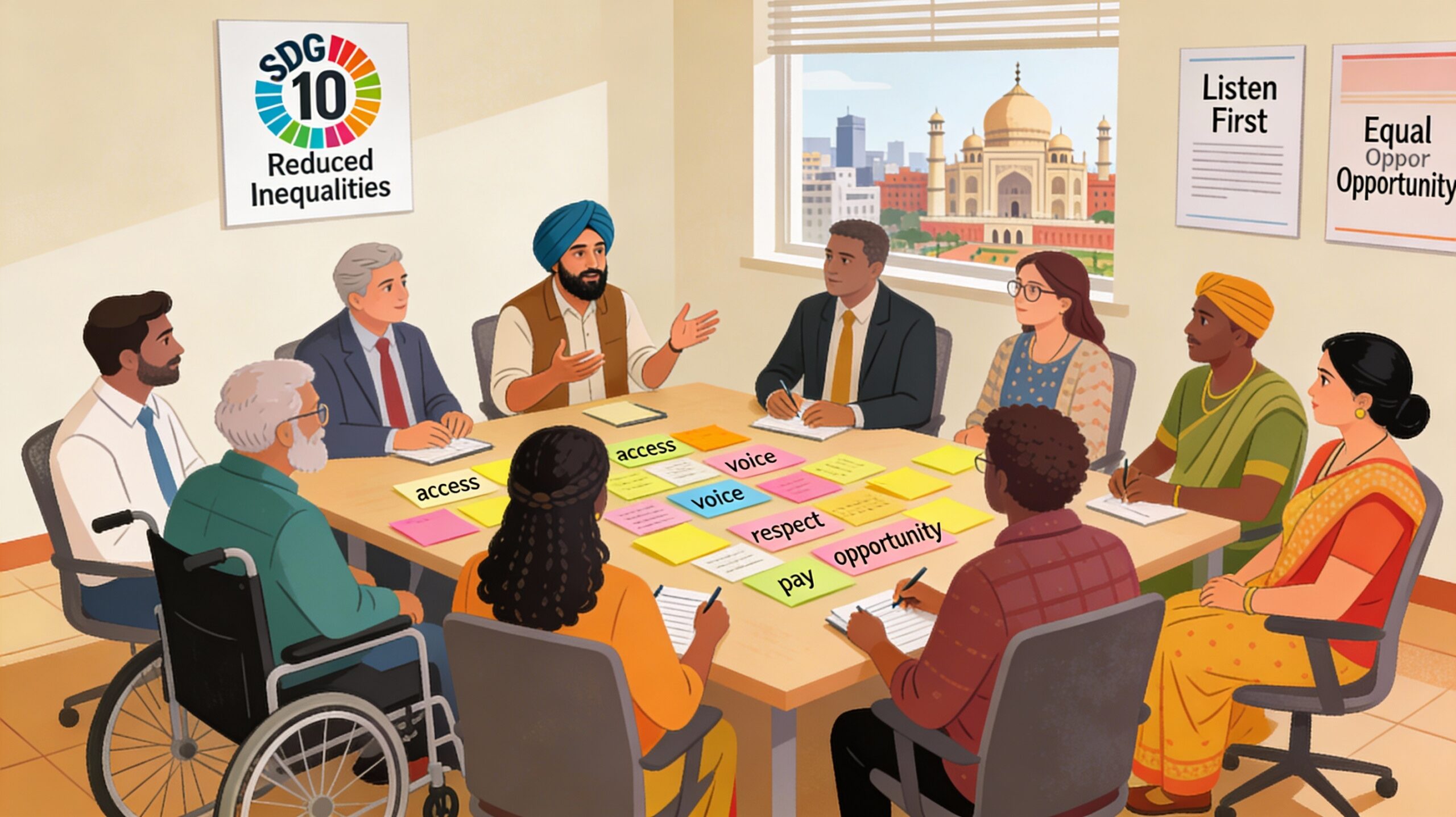 Illustration of diverse corporate employees, NGO staff, and community representatives in an Indian office meeting room sitting in a circle and around a table, sharing stories and ideas on sticky notes under a visible SDG 10 Reduced Inequalities icon and posters about inclusion and equal opportunity.