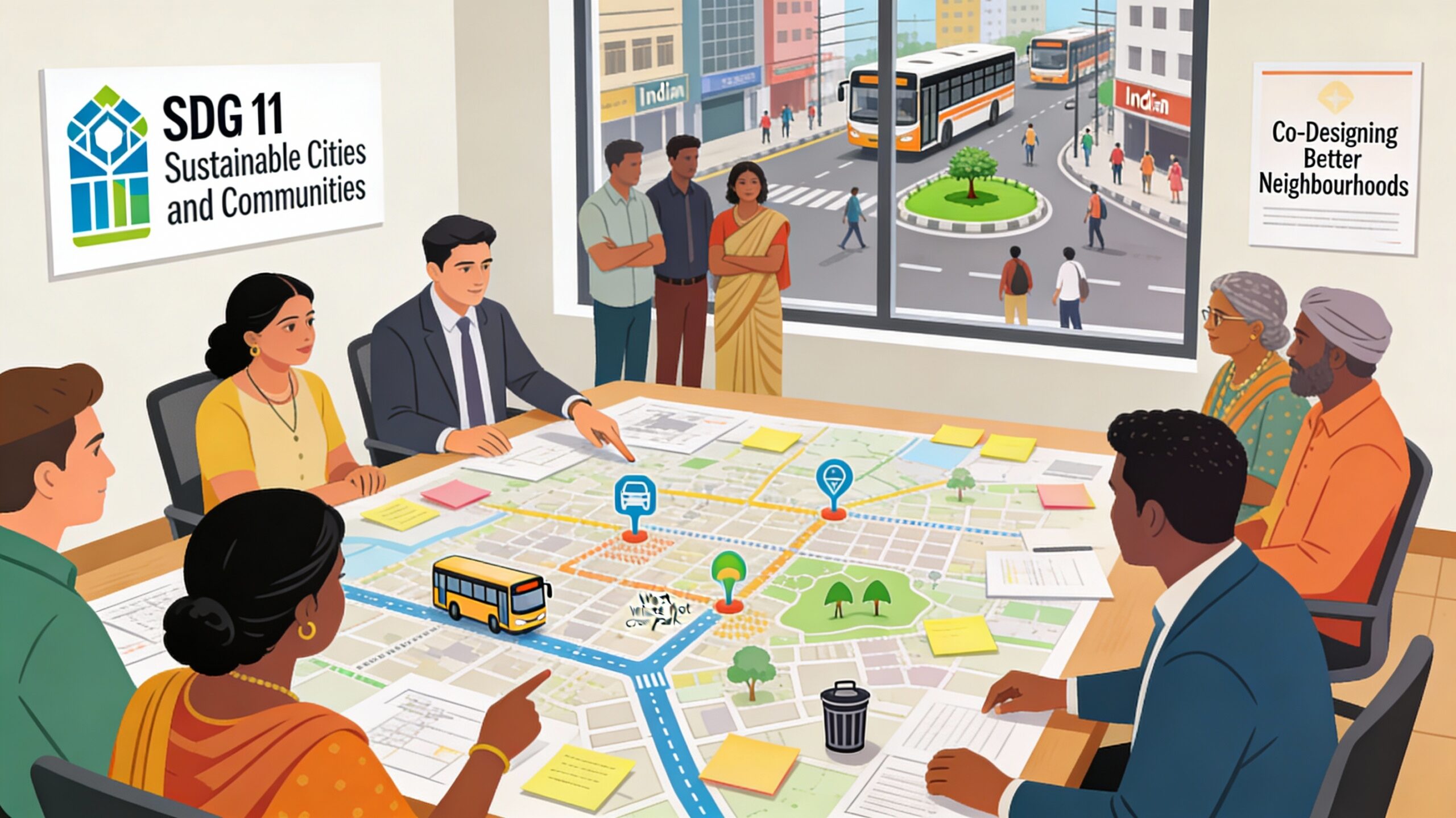Illustration of diverse corporate employees, NGO staff, and community members in an Indian city co-designing neighbourhood improvement around a shared table with city maps, public-transport icons, and park sketches, while others stand near a window overlooking streets, buses, and a small park, with an SDG 11 Sustainable Cities and Communities icon on the wall.