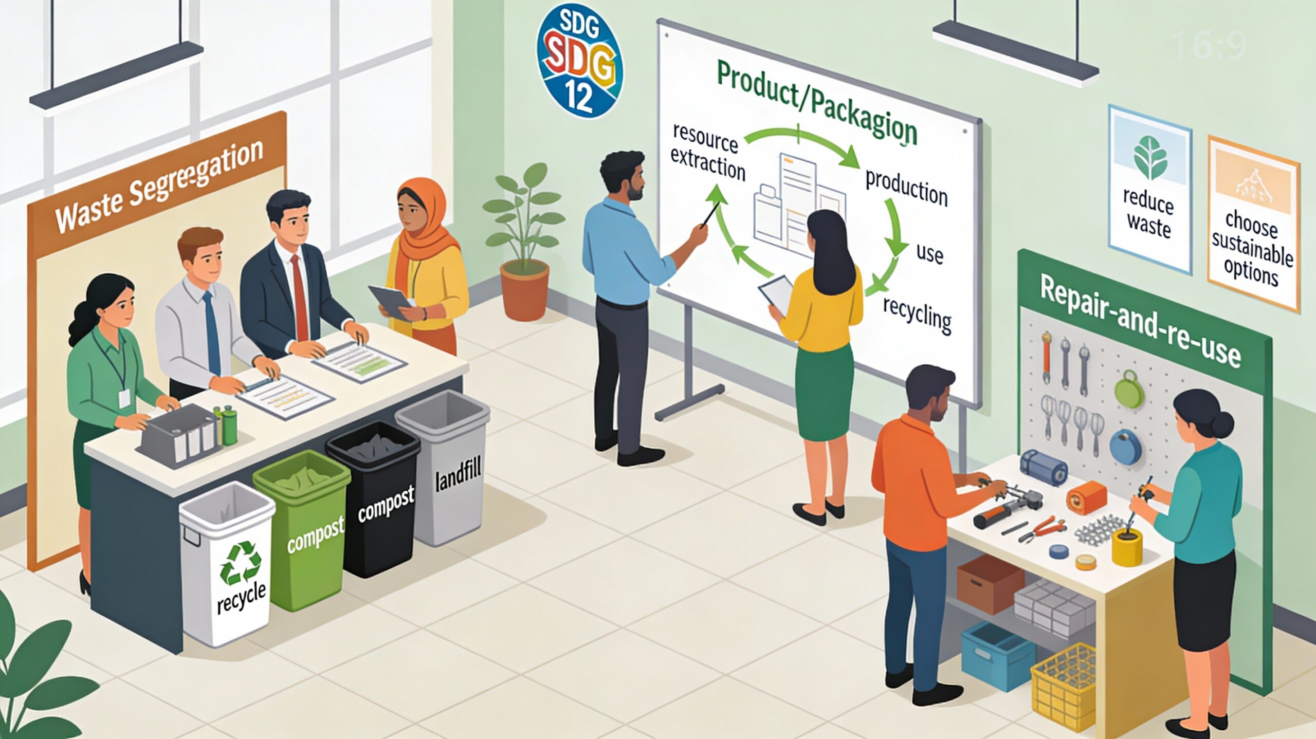 Illustration of diverse corporate employees and NGO staff inside a modern Indian office working at different SDG 12 stations: one group sorting waste into clearly labelled recycle, compost, and landfill bins; another mapping a product and packaging lifecycle on a whiteboard; and a third group repairing or swapping everyday items, with an SDG 12 Responsible Consumption and Production icon and posters about reducing waste on the wall.