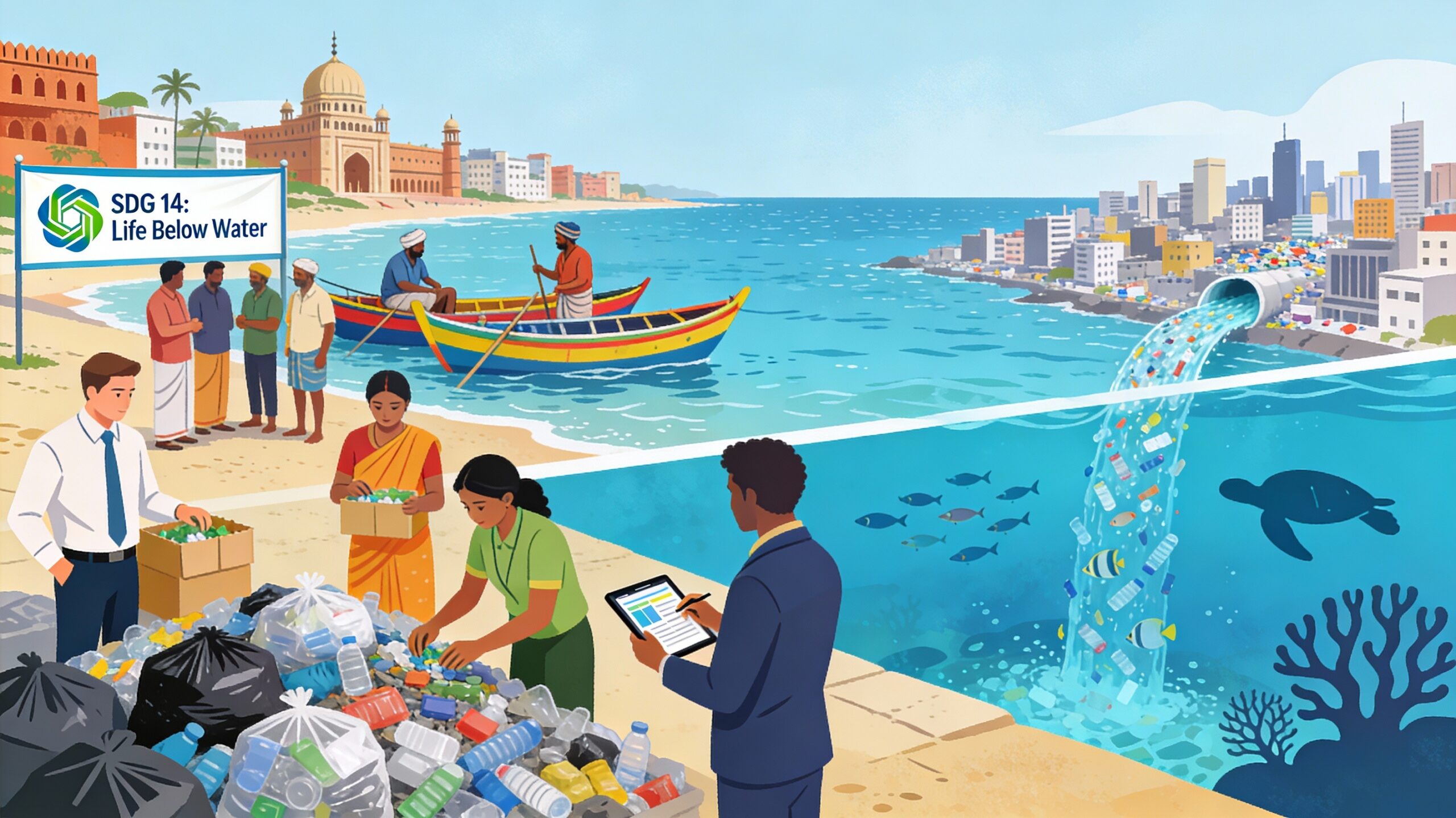 Illustration of diverse corporate employees, NGO staff, and local community members on an Indian beach sorting plastic waste into piles, entering data on tablets, and speaking with fishers beside colourful boats, with a clean ocean showing marine life silhouettes and an SDG 14 Life Below Water icon on an information board.