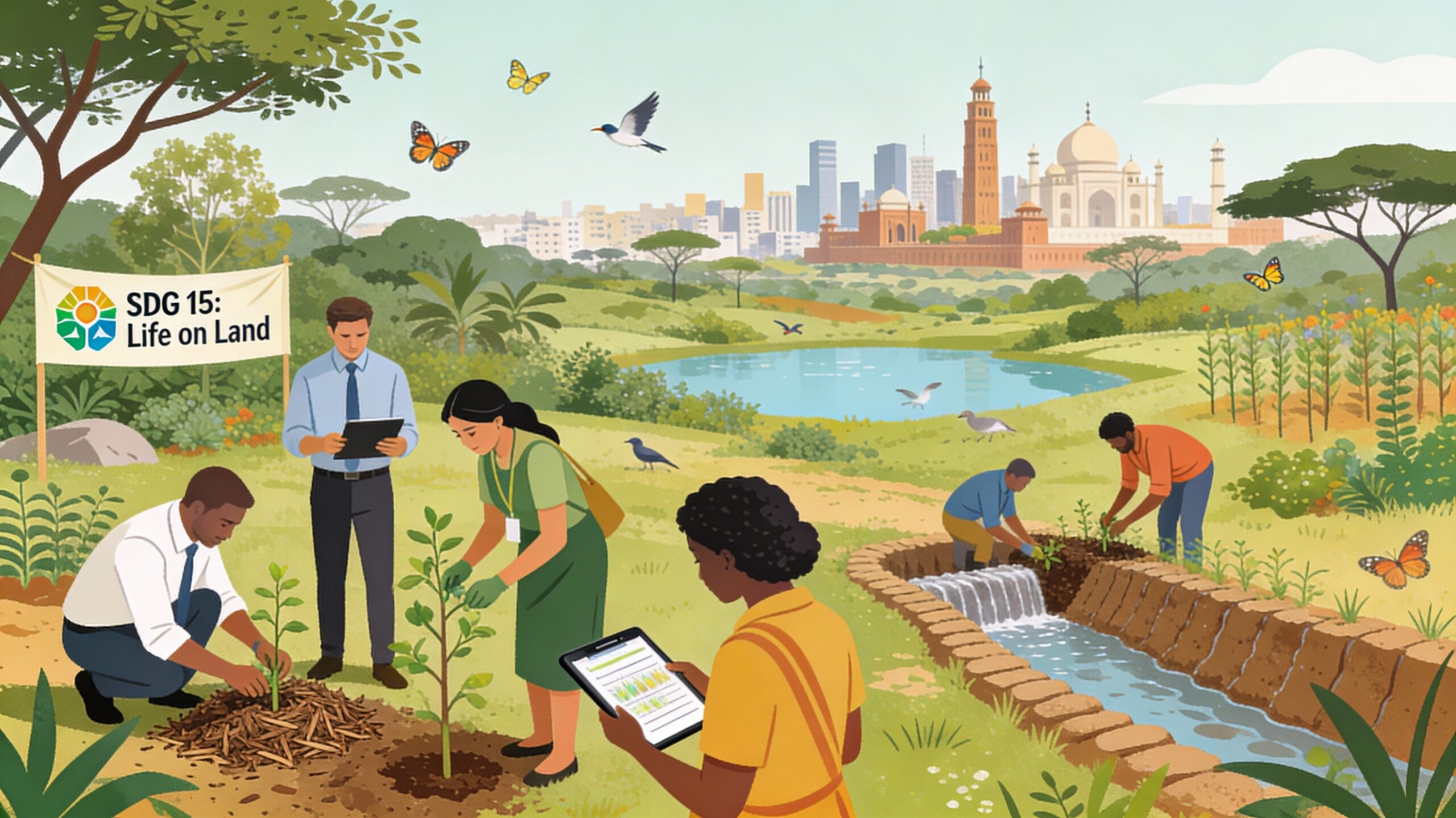 Illustration of diverse corporate employees, NGO staff, and community members working together on an Indian landscape with native trees, a small water body, and wildlife, carrying out mulching, biodiversity monitoring on a tablet, and checking a contour bund under an SDG 15 “Life on Land” banner.