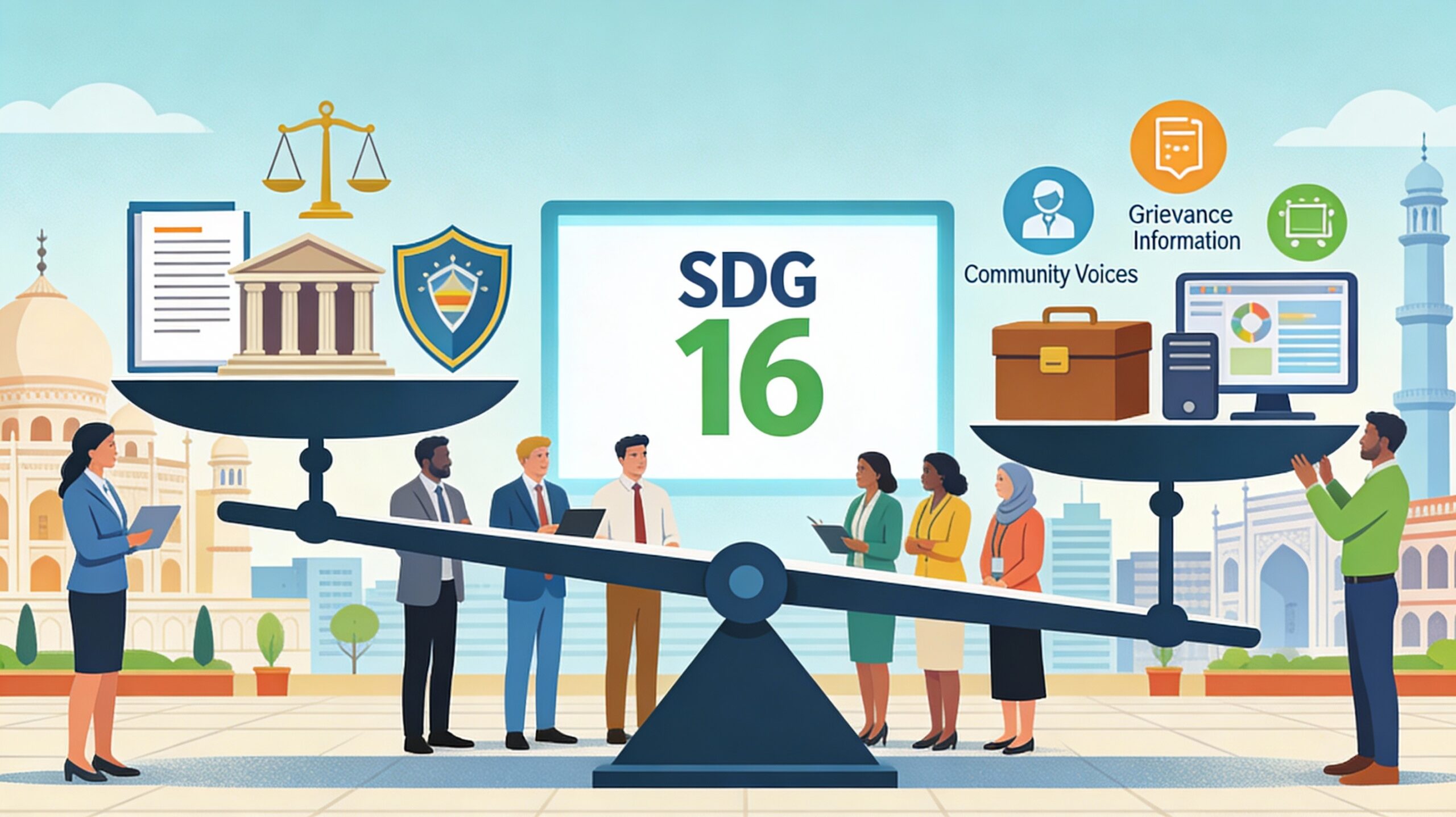 Illustration of diverse corporate employees and NGO staff in an Indian meeting room gathered around a large table shaped like a balance scale, with icons of justice, community voices, and digital tools, and an SDG 16 peace-and-justice symbol in the background.