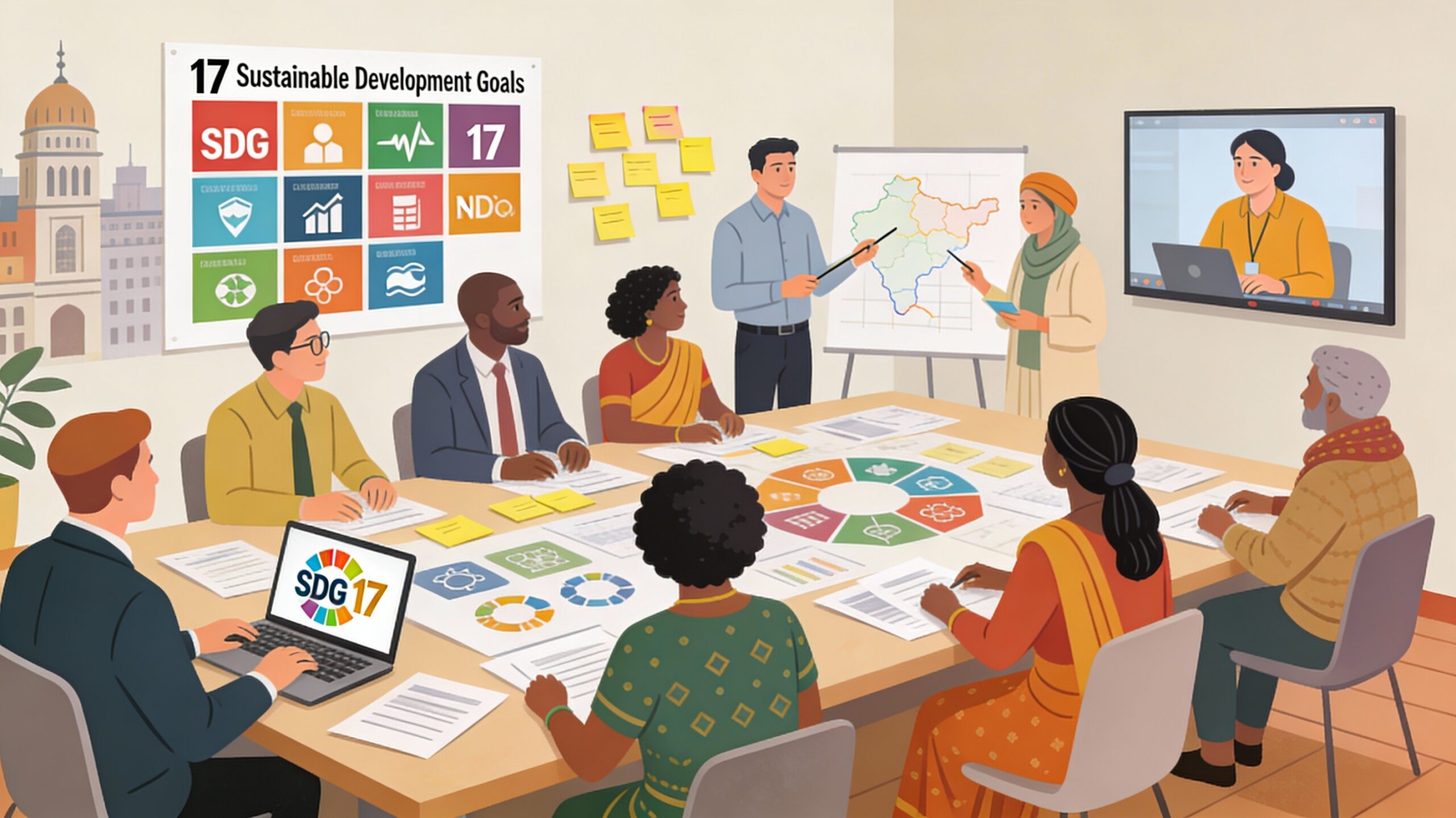 Illustration of diverse corporate employees, NGO staff, and community representatives in an Indian meeting room co-designing SDG 17 employee engagement initiatives around a shared table with SDG icons and a large SDG 17 poster on the wall.