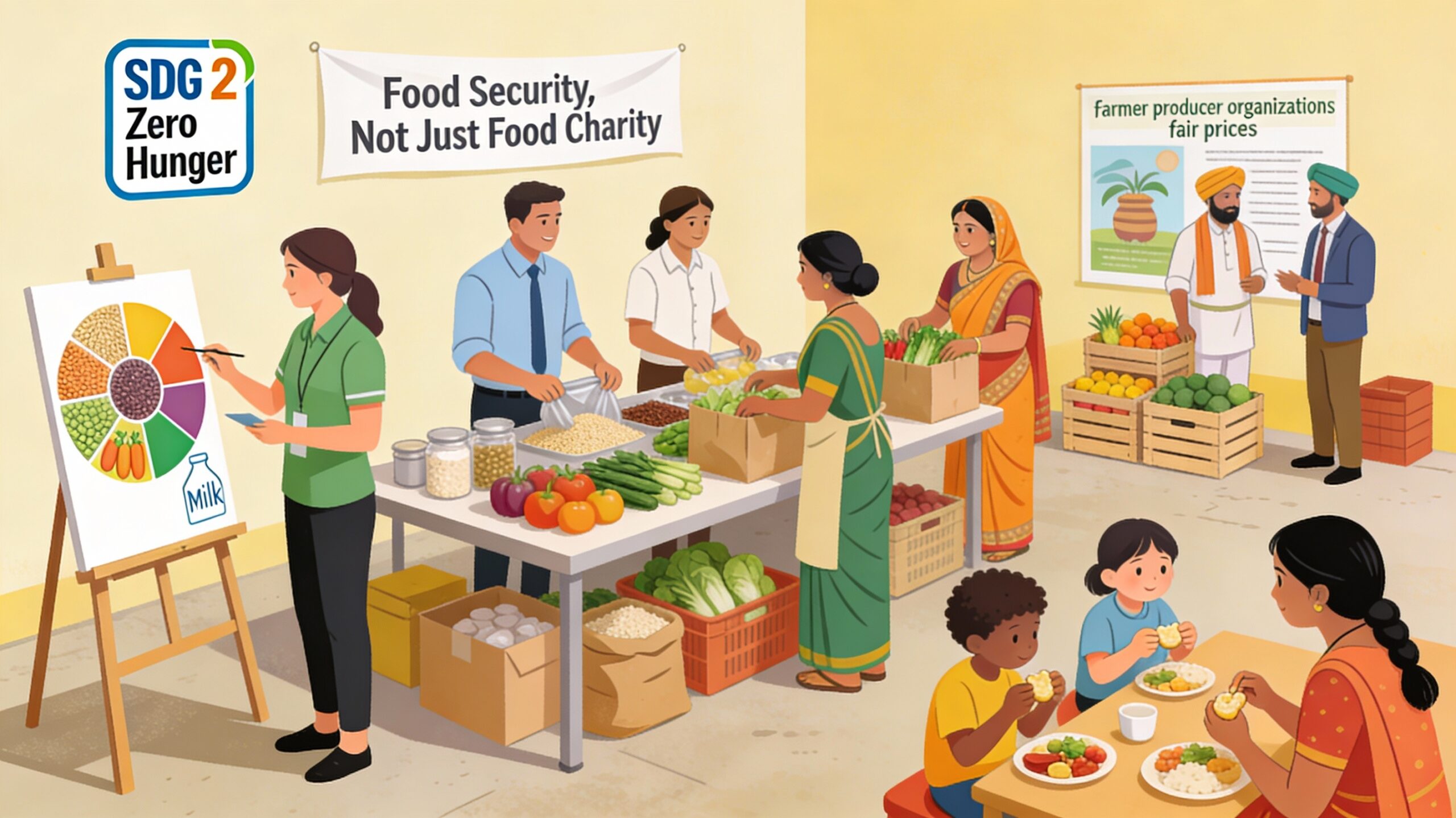 Illustration of diverse corporate employees, NGO staff, community women, and a few small farmers at an Indian community food and nutrition hub where volunteers help sort and pack vegetables and grains, children receive a nutritious snack, and simple posters on balanced diets and “Zero Hunger” are displayed under an SDG 2 icon.