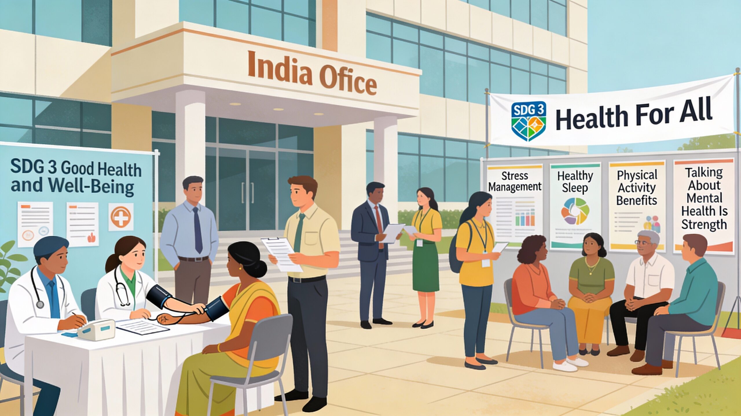 Illustration of diverse corporate employees, NGO health educators, and community members at an Indian workplace–community health camp where volunteers support blood-pressure and BMI screening, facilitate a mental-well-being corner, and explain simple health information posters under an SDG 3 Good Health and Well-Being icon.