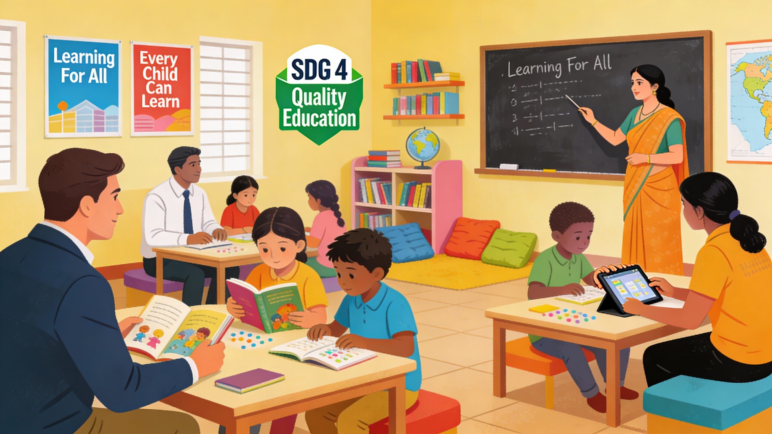 Illustration of diverse corporate employees, NGO educators, and school children in an Indian classroom and reading corner, with volunteers supporting small-group reading and math activities under a teacher’s guidance, and an SDG 4 Quality Education icon and posters about “Learning For All” on the wall.