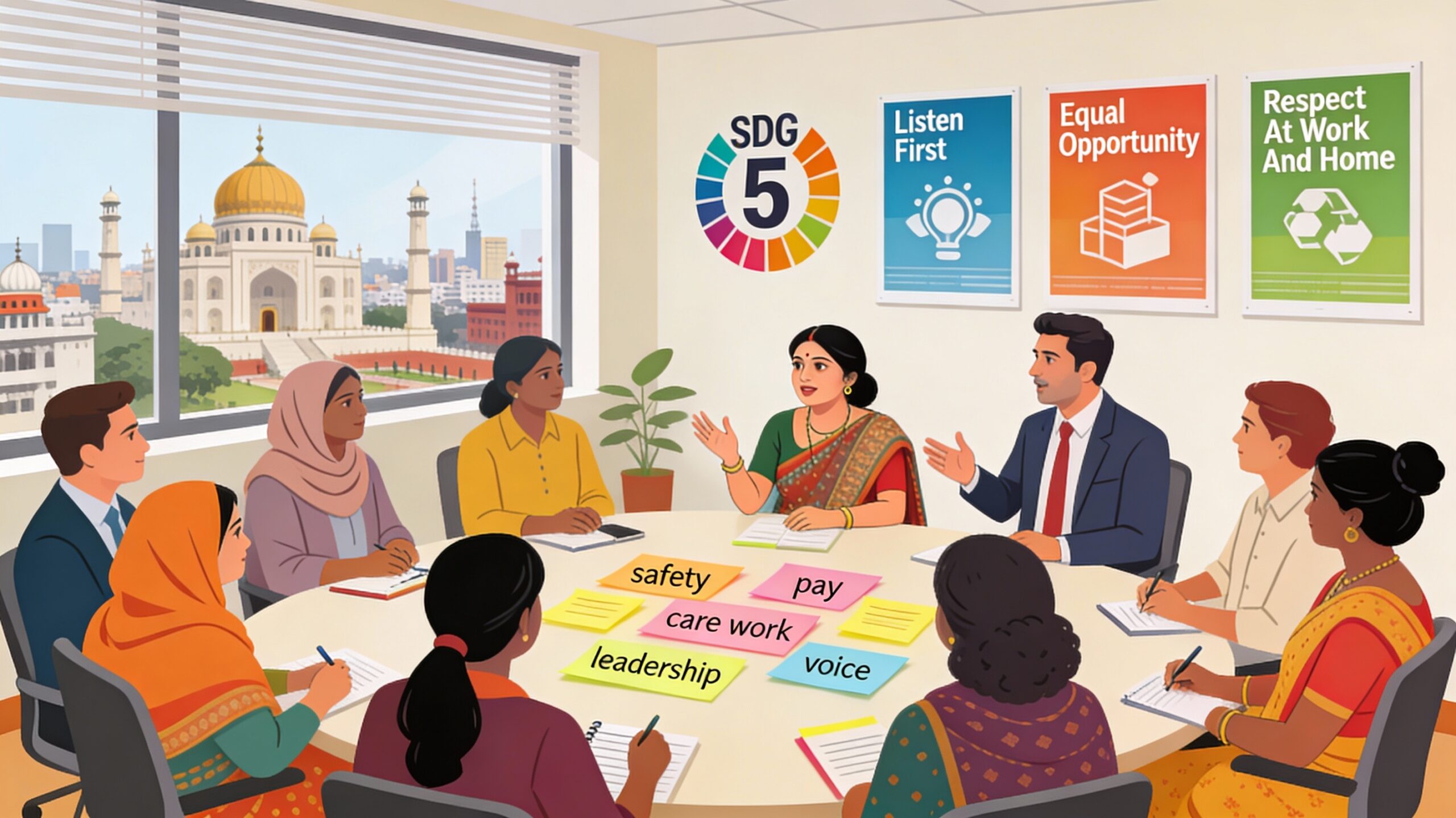 Illustration of diverse corporate employees, NGO staff, and women from the community in an Indian office workshop sitting in a circle and around a table covered with sticky notes labelled “safety”, “pay”, “care work”, and “leadership”, with an SDG 5 Gender Equality icon and posters reading “Listen First” and “Equal Opportunity” on the wall.