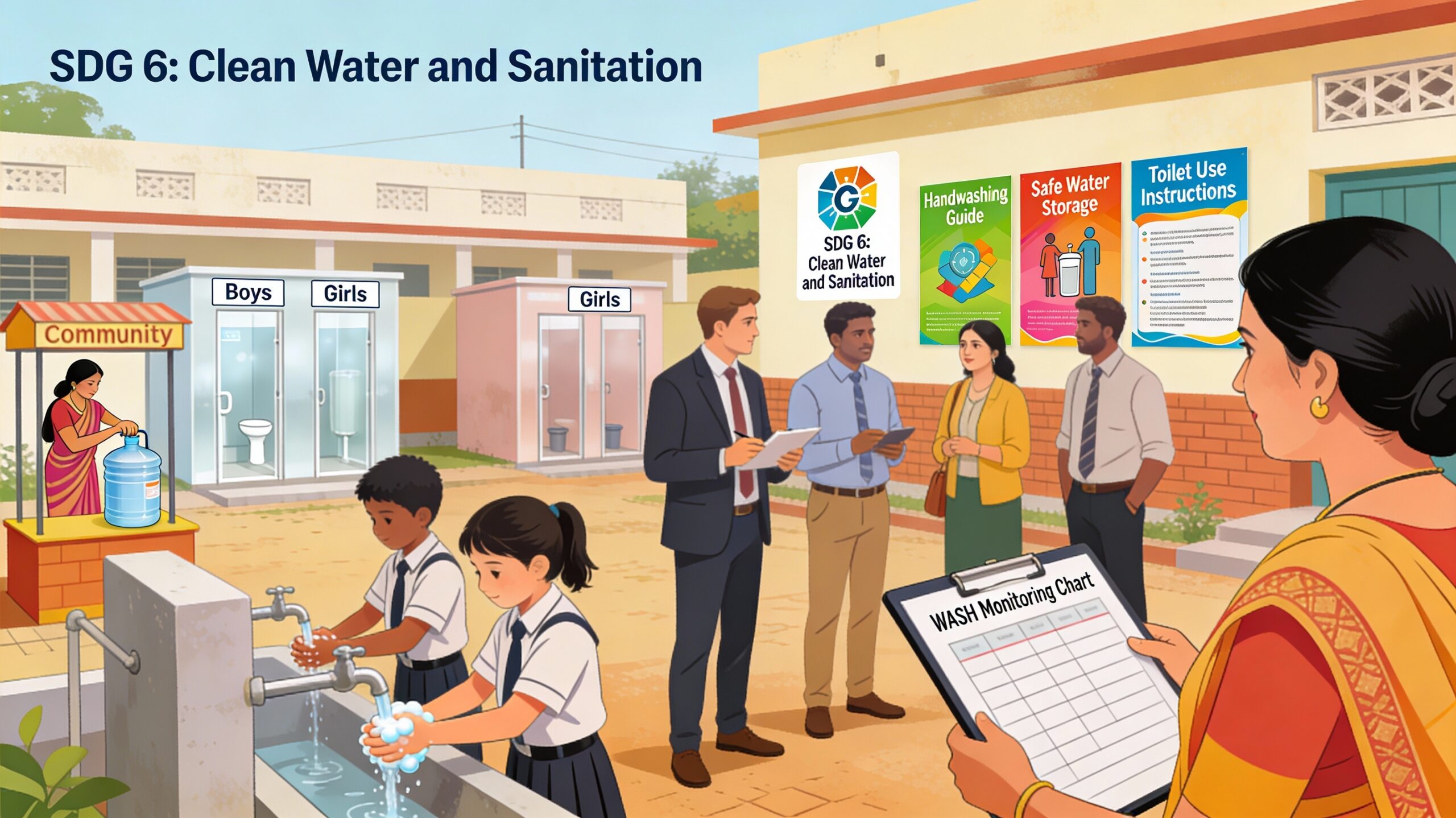 Illustration of diverse corporate employees, NGO staff, and community members outside an Indian school and community water point, checking a handwashing station, viewing a simple WASH monitoring chart, and facilitating a hygiene session with children, under an SDG 6 Clean Water and Sanitation banner.