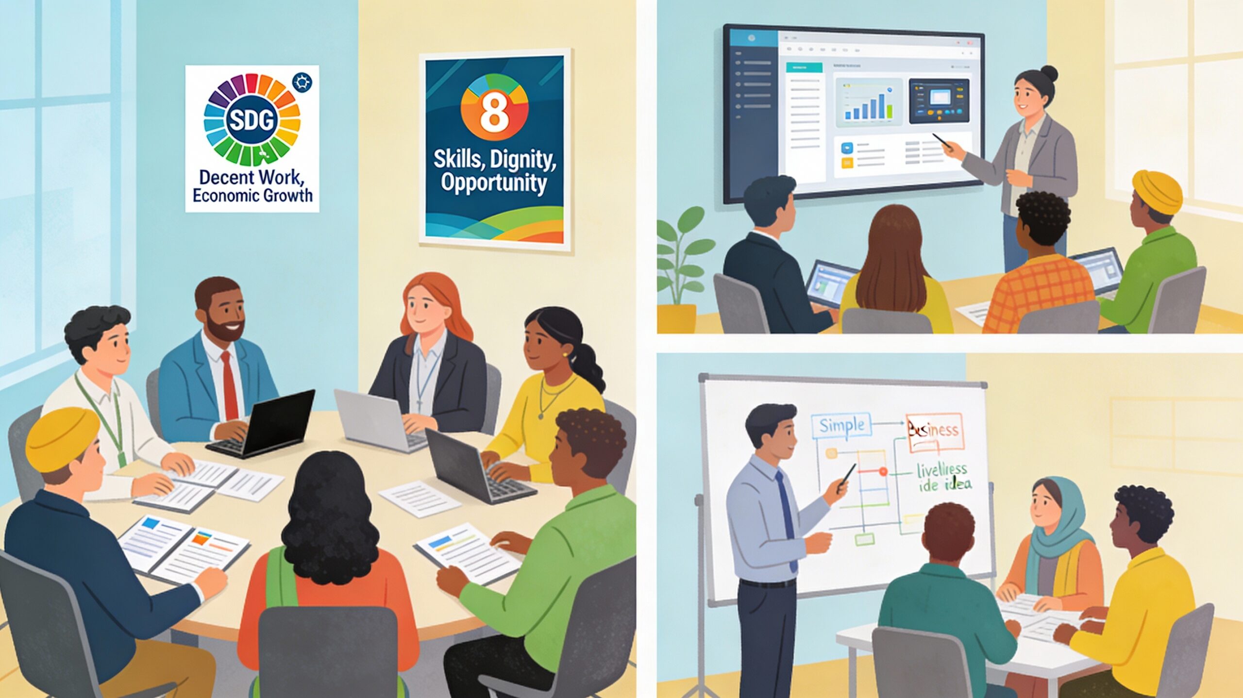 Illustration of diverse corporate employees, NGO trainers, and youth from underserved communities in an Indian office training hub, working in small groups on CVs and laptops, digital skills on a projector, and a simple business plan on a whiteboard, with an SDG 8 Decent Work and Economic Growth icon and a “Skills, Dignity, Opportunity” poster on the wall