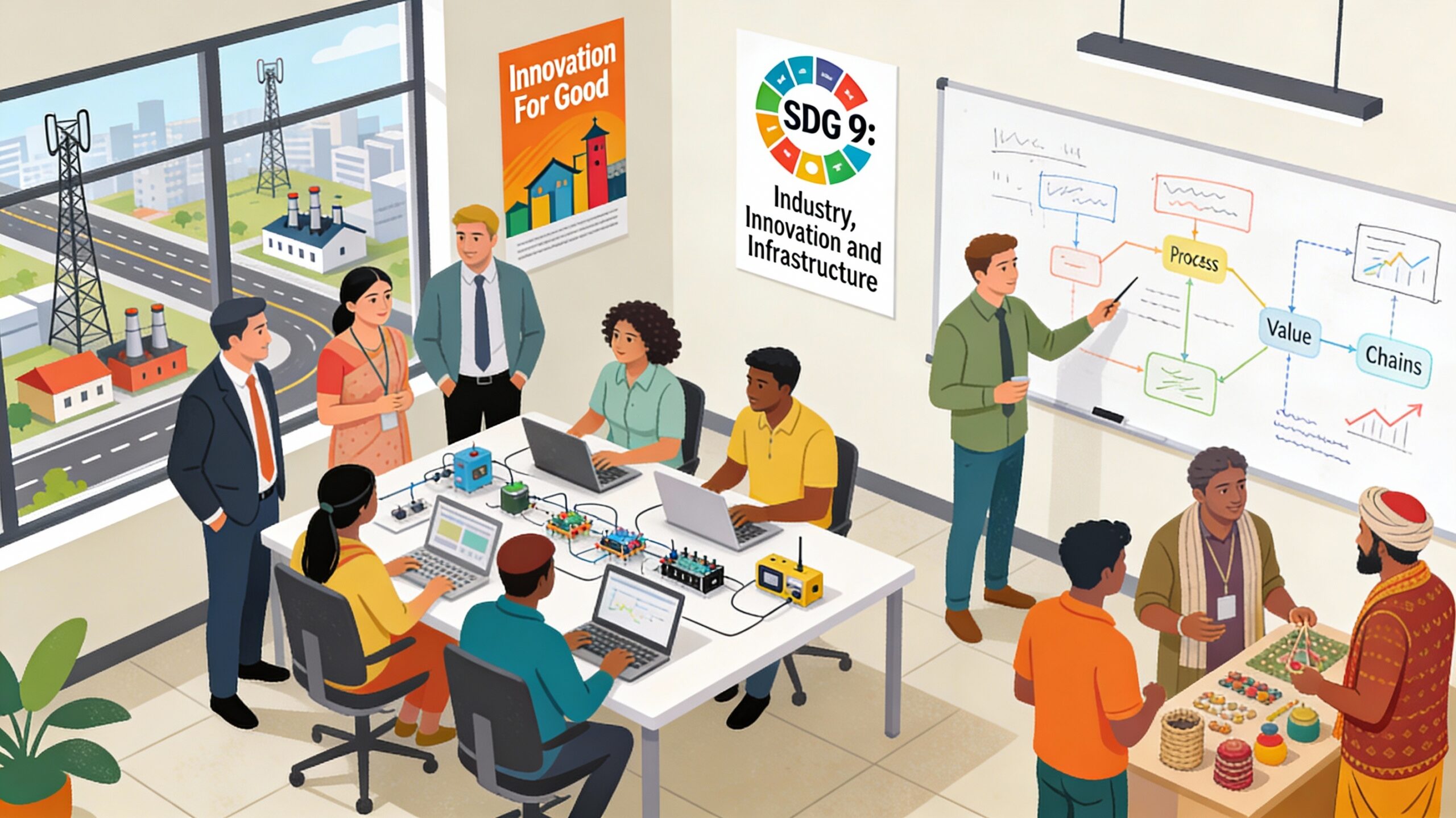 Illustration of diverse corporate employees, NGO staff, and local youth innovators in an Indian office-innovation hub gathered around tables with laptops, low-cost prototypes, and sticky notes, co-designing tech and process solutions under a visible SDG 9 Industry, Innovation and Infrastructure icon on the wall.