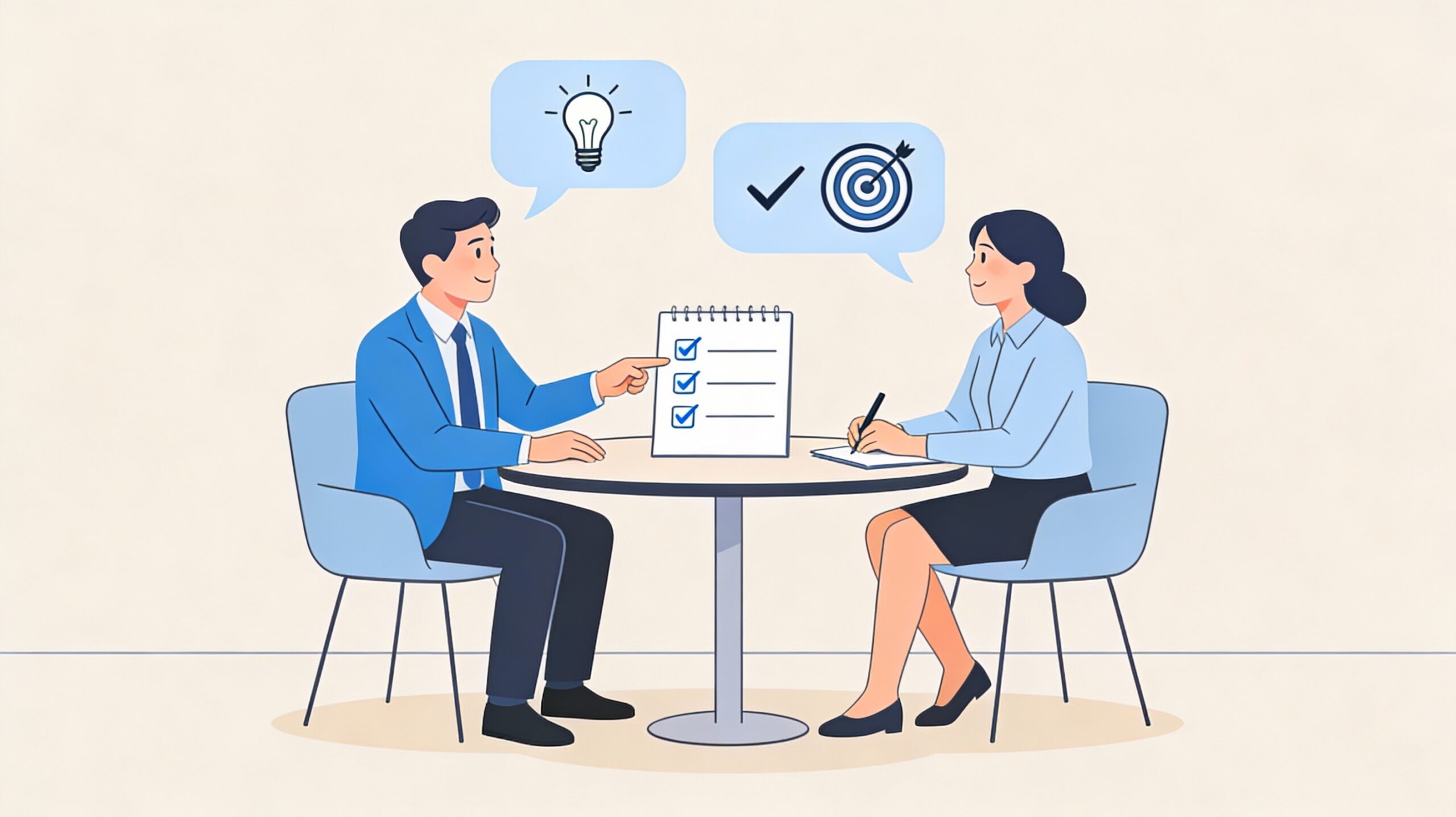 A manager and an employee sit at a small round table in a modern office, calmly discussing notes on a notepad with three bullet points while soft speech bubbles show icons of a lightbulb, check mark, and target to represent ideas, agreement, and goals.