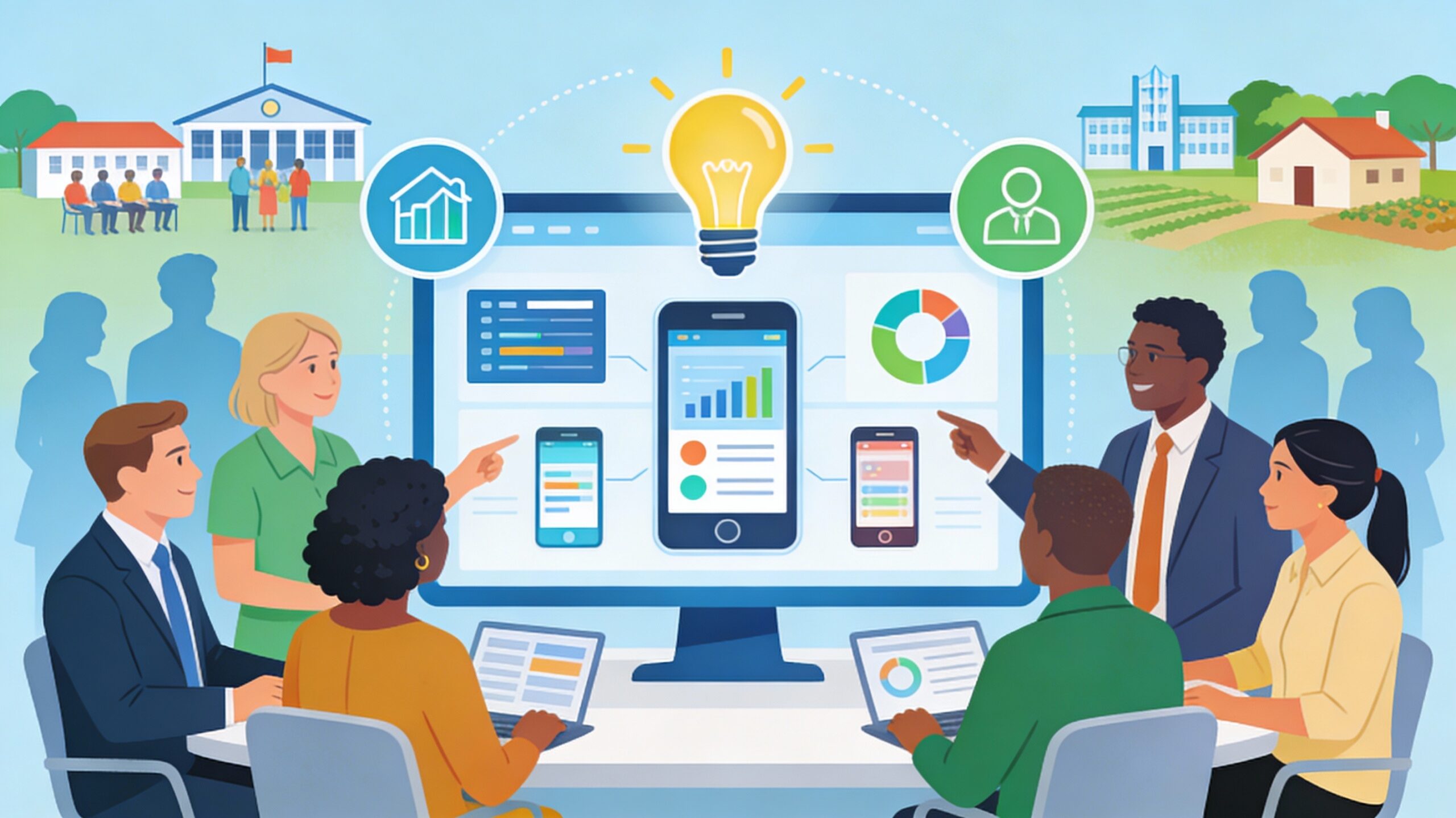 Illustration of diverse corporate employees and NGO staff collaborating around a large digital screen showing dashboards, app icons, and lightbulbs, with a community backdrop of schools and homes representing social impact through technology and CSR partnerships.