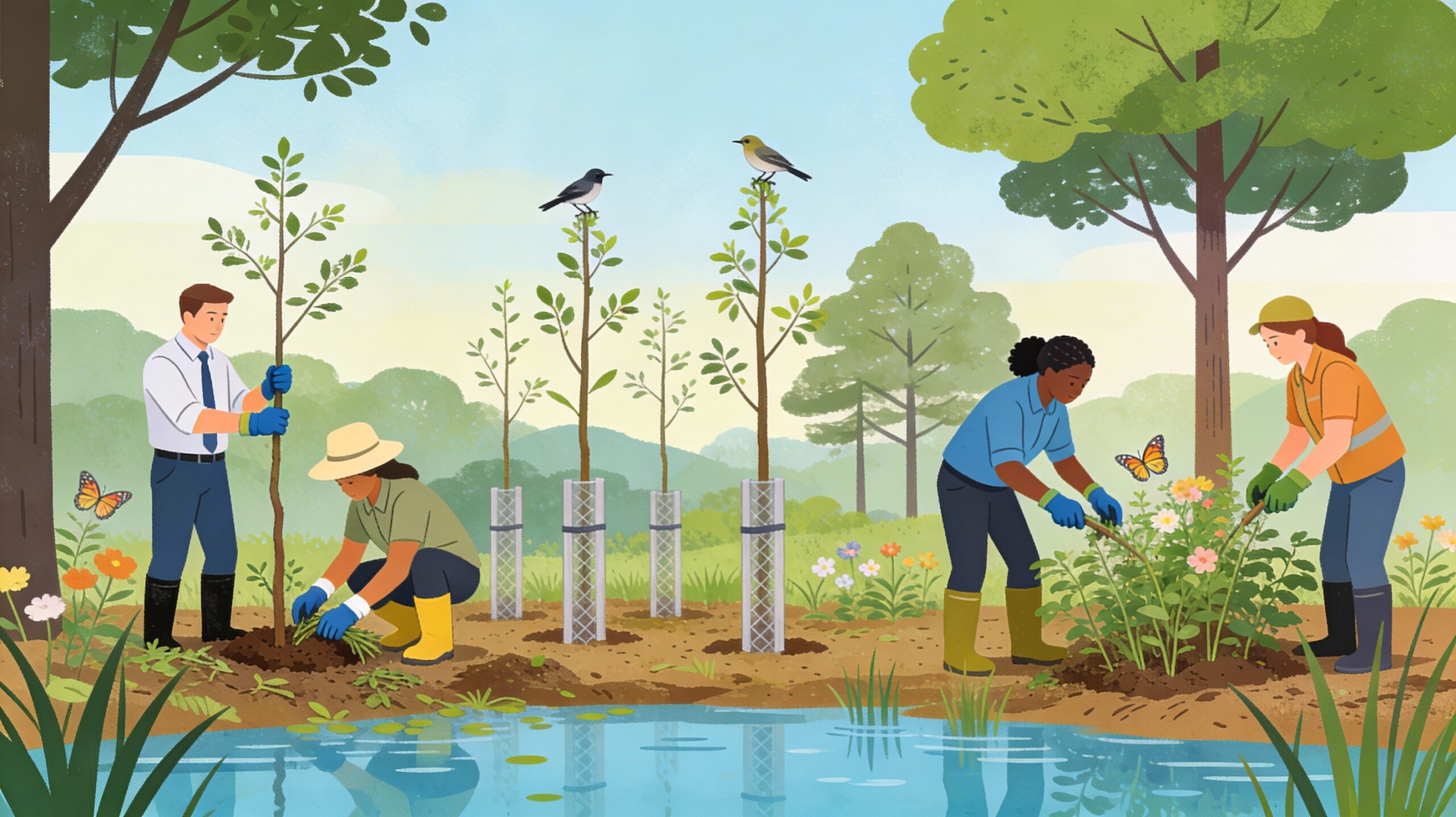 Illustration of diverse corporate employees and NGO staff in field gear planting native trees, removing invasive plants, and restoring a wetland edge, with young saplings, protective guards, and visible birds and butterflies symbolising long-term afforestation and habitat restoration under a CSR programme