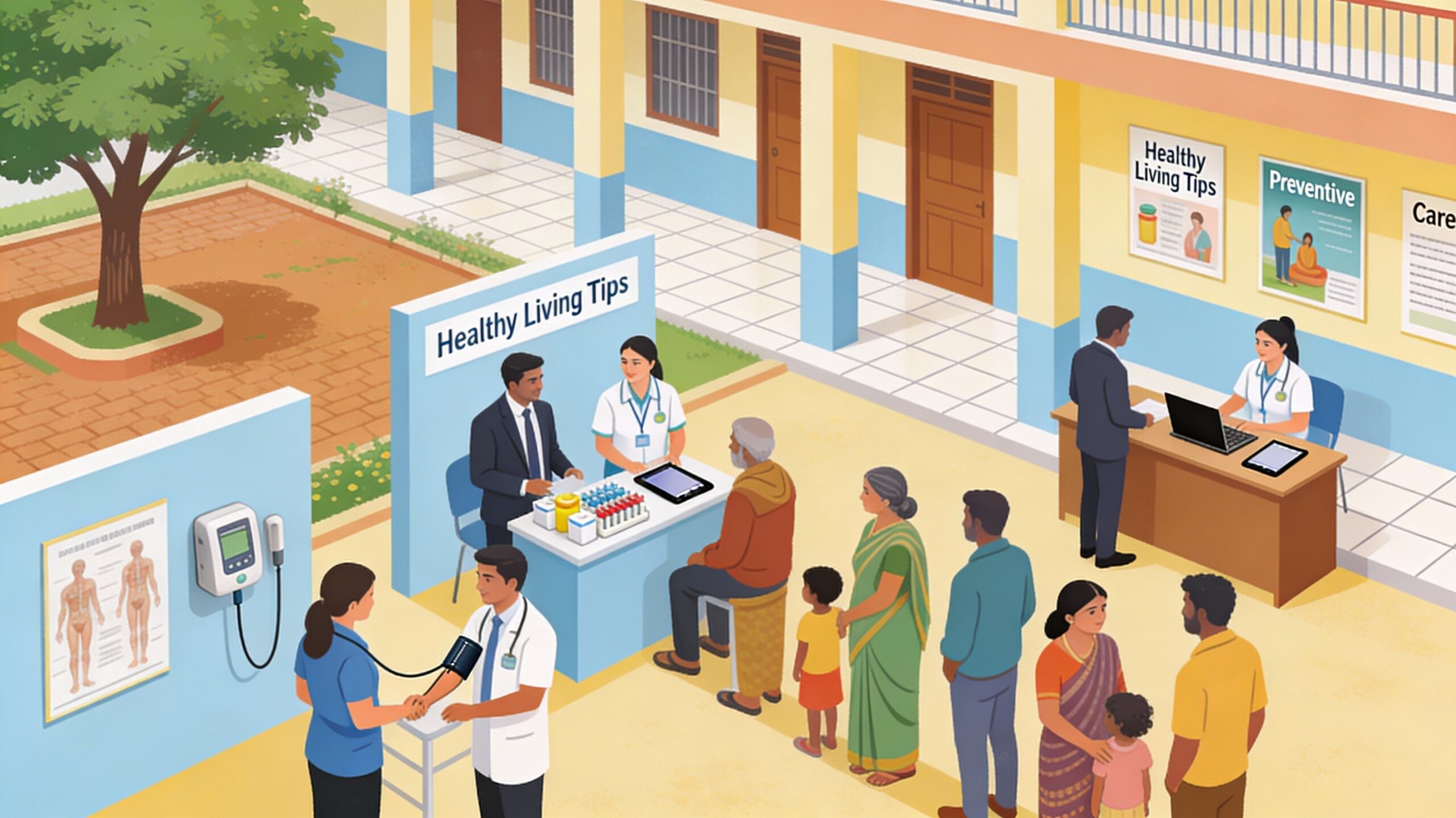Illustration of diverse corporate employees and NGO health workers running a community health camp in an Indian setting, with screening stations, health education posters, and a registration desk using laptops and tablets, surrounded by local families.