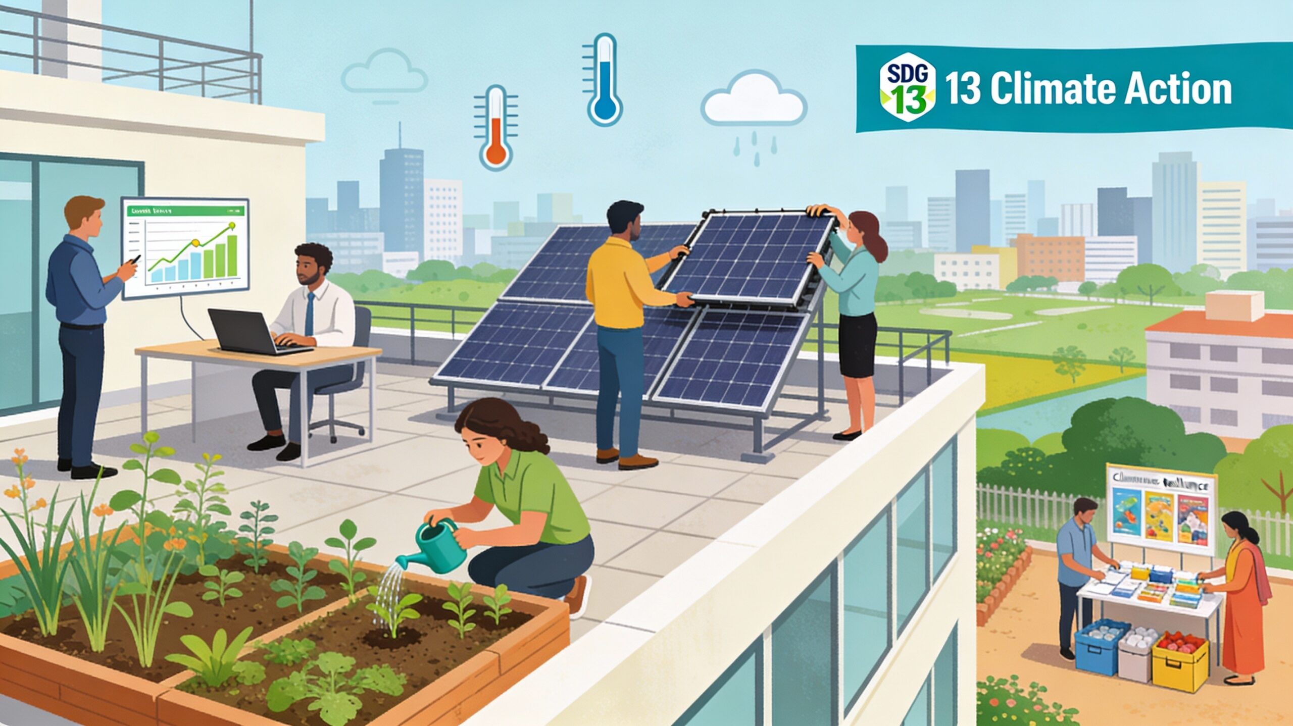 Illustration of diverse corporate employees and NGO staff on an Indian office rooftop checking a carbon footprint dashboard on a laptop, installing solar panels, tending a rooftop garden, and preparing climate-resilience materials, with a city skyline behind them and an SDG 13 Climate Action banner in view.