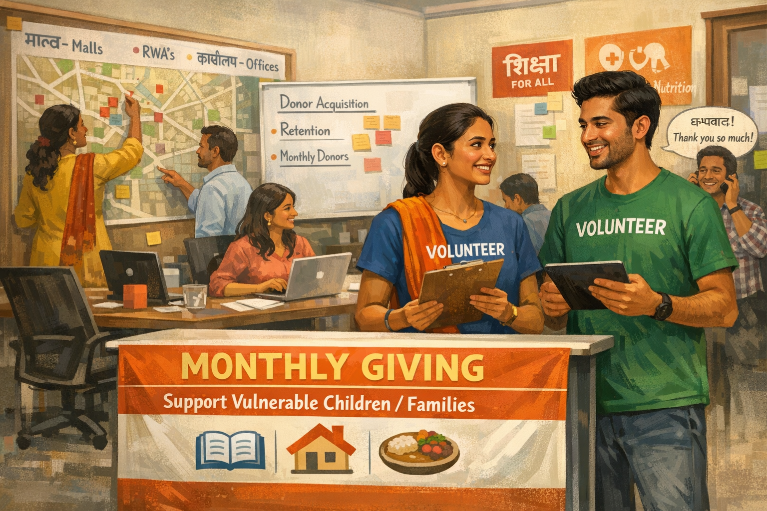 “Diverse volunteers and staff at a mid-sized Indian NGO office collaborating on a face-to-face fundraising campaign, with two volunteers practising donor conversations at a monthly giving kiosk while a back-office team plans outreach and donor follow-up on laptops and charts.”