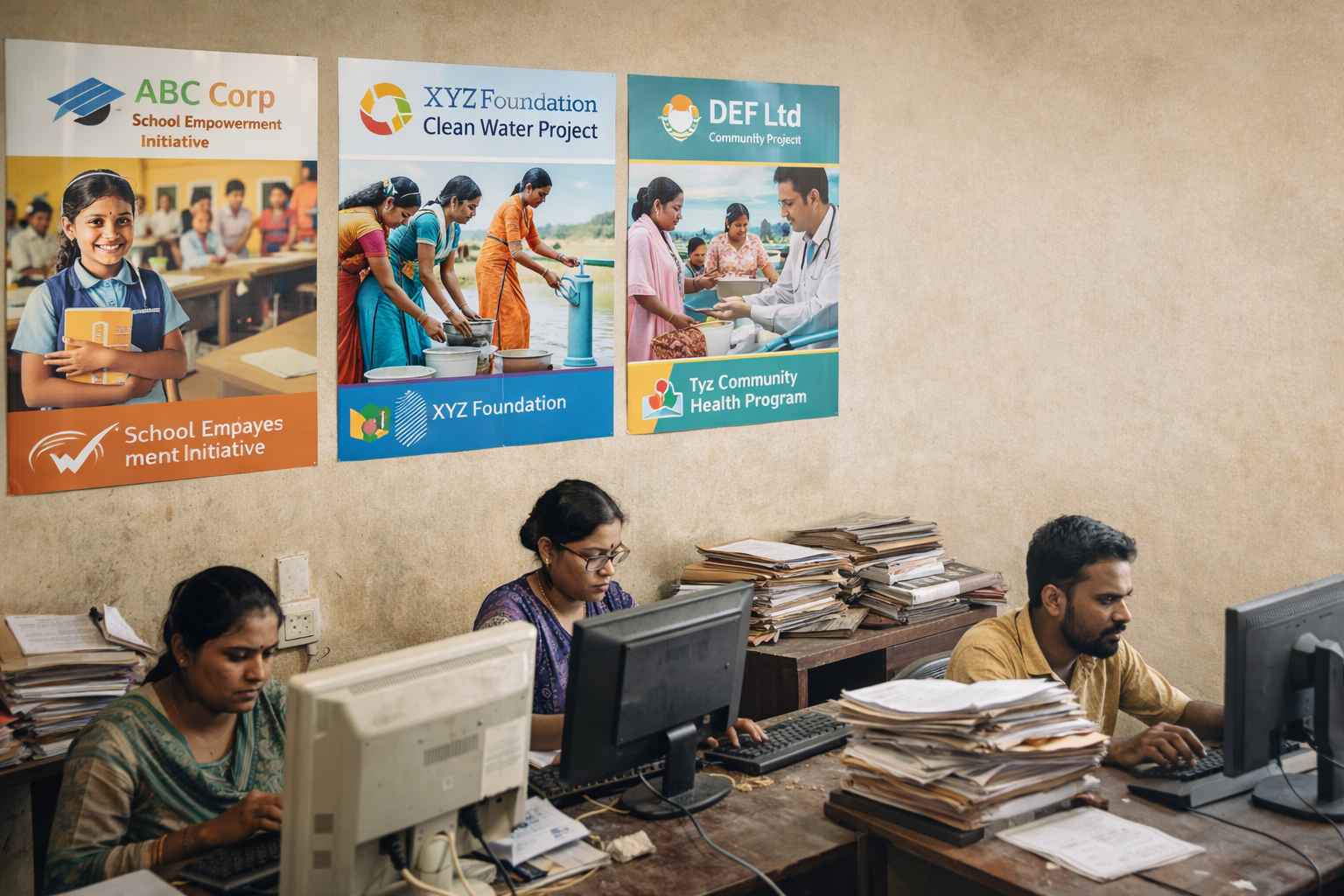 Small Indian NGO office with three staff working at old computers amid stacks of files; bright CSR project posters with happy community photos on the wall, leaving clear empty space on the right for a headline.