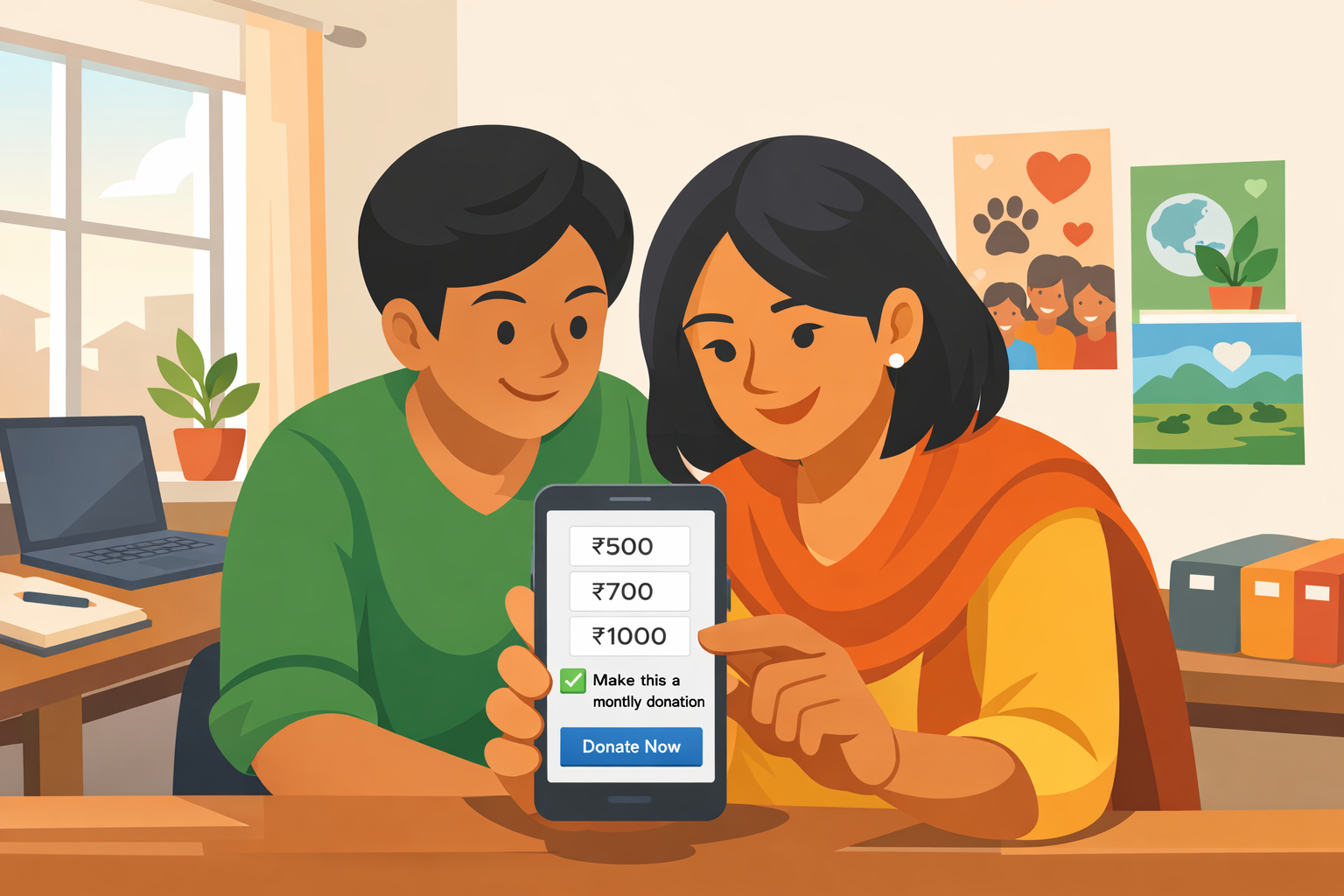 Fundraiser and supporter in a small Indian NGO office setting up a monthly donation on a smartphone showing ₹500, ₹700 and ₹1000 options with a recurring donation toggle.