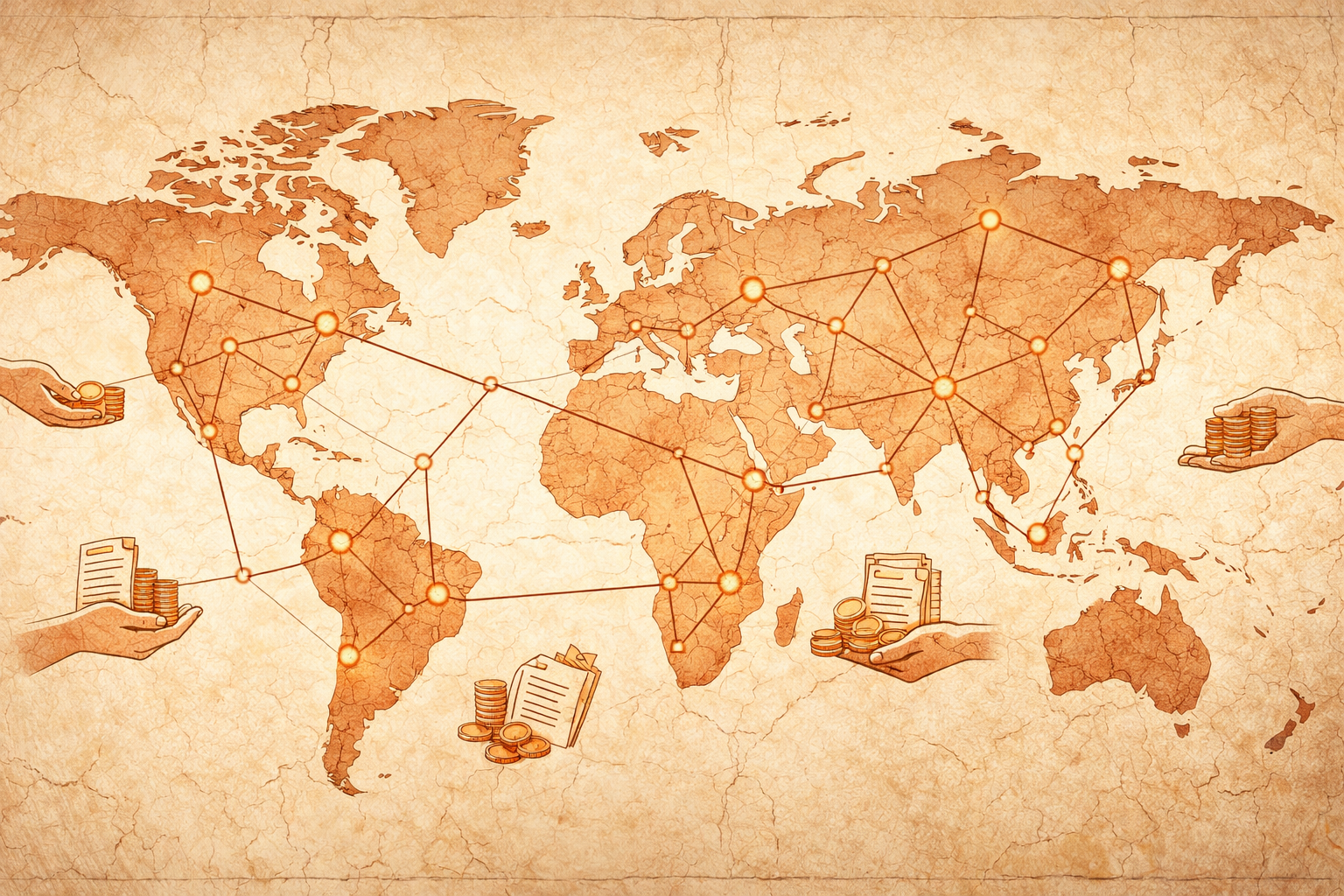 Wide editorial illustration of a parchment-toned world map with terracotta network lines and glowing nodes connecting continents, alongside small icons of hands, documents, and coins symbolizing global philanthropic grant flows.