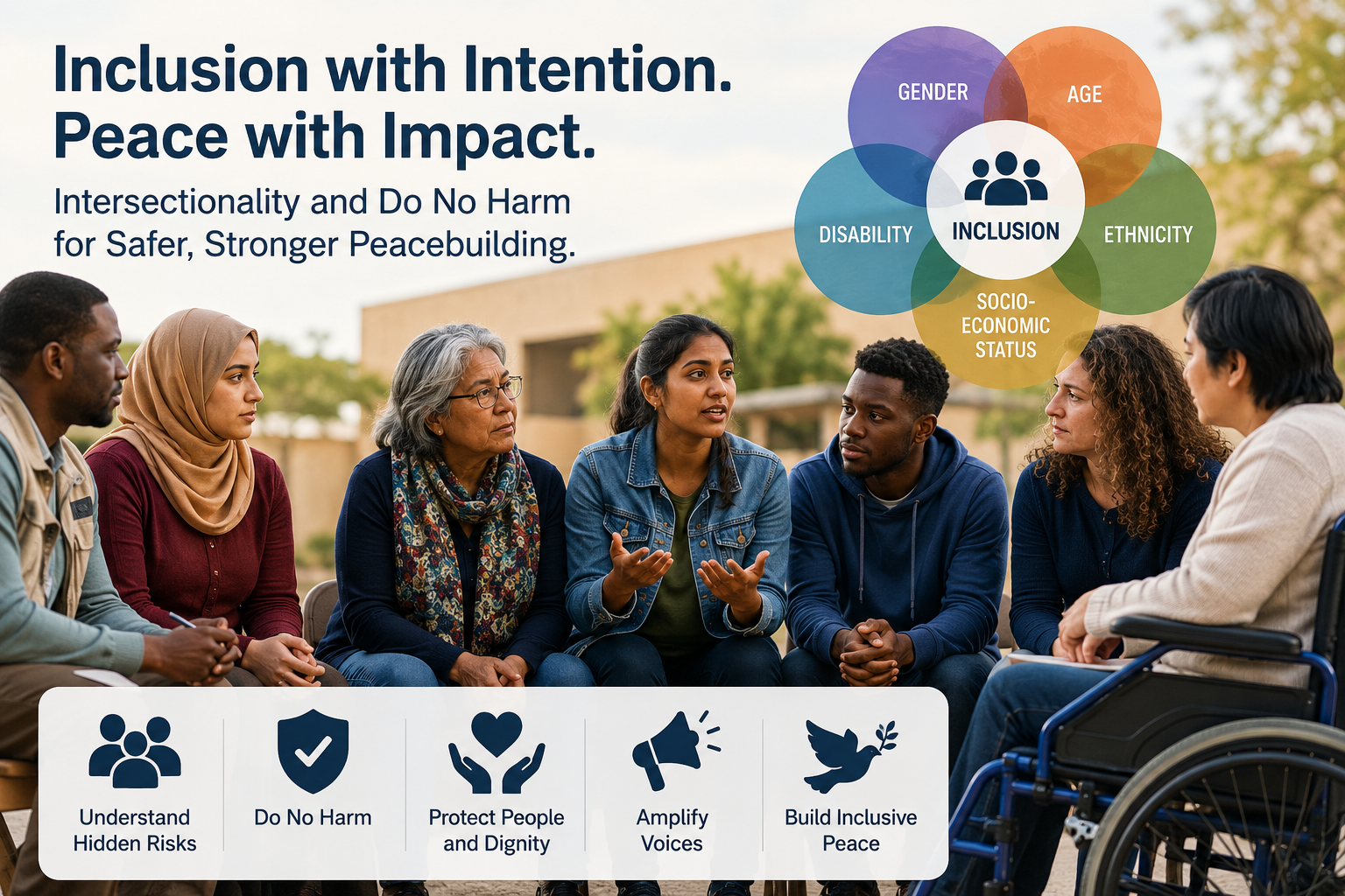 Diverse community members in a group discussion about intersectionality, inclusion, and Do No Harm principles in peacebuilding.