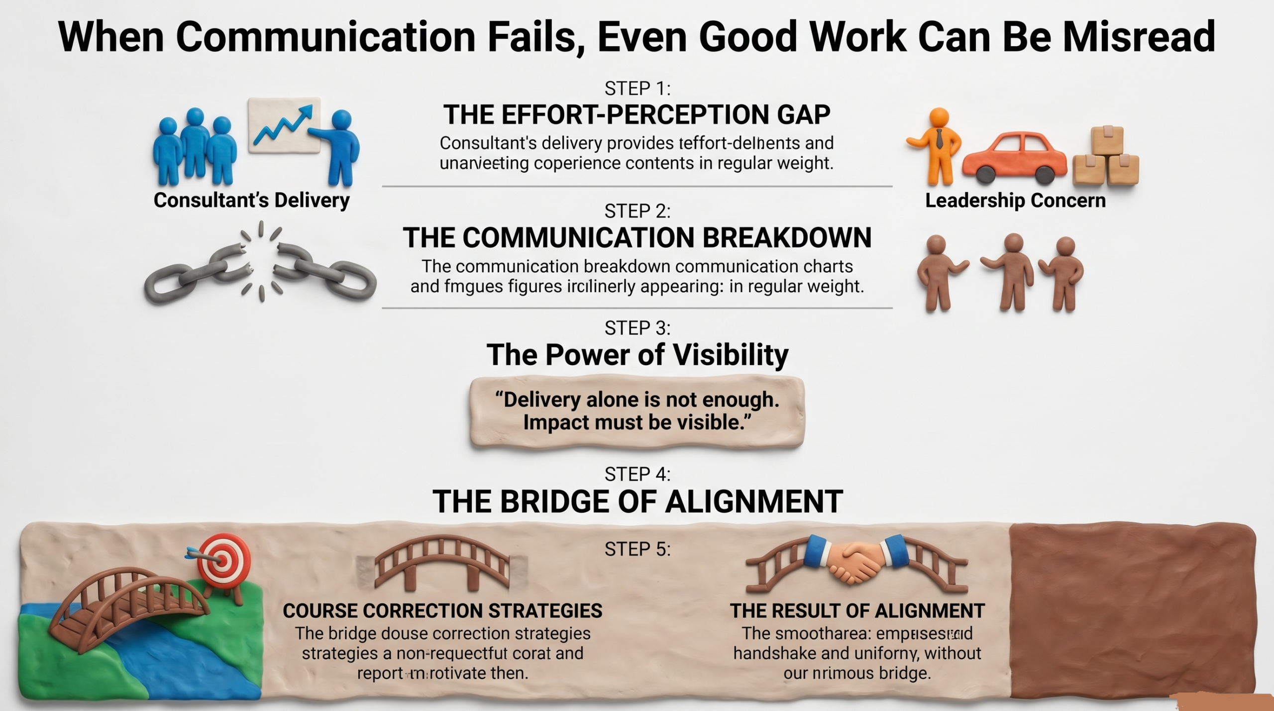 Infographic explaining the communication alignment process. It shows consultant delivery on one side and leadership concern on the other, connected through five steps: effort-perception gap, communication breakdown, power of visibility, bridge of alignment, and result of alignment.